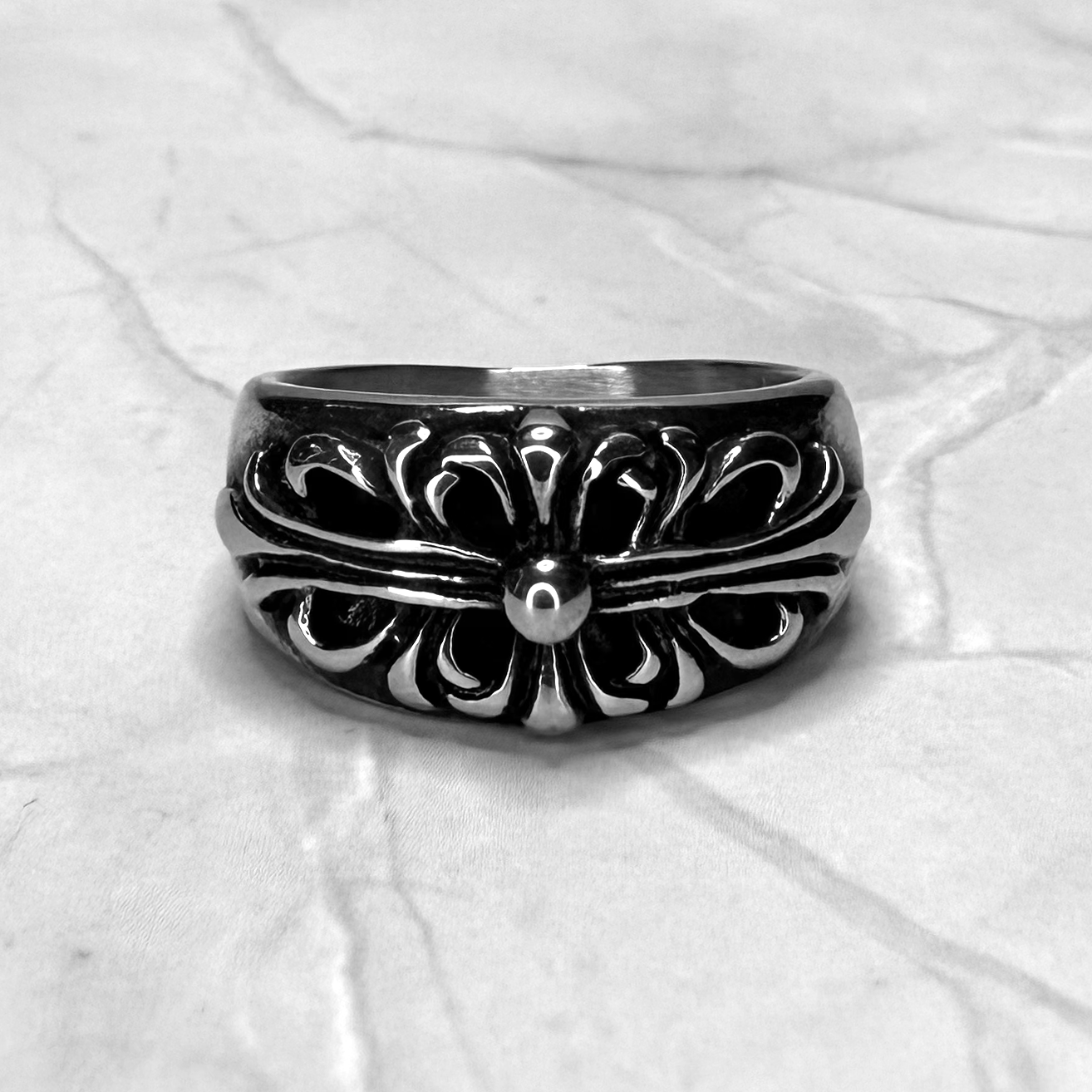 #R11: Chrome Hearts Inspired Clover Cross Ring (Titantium Steel)