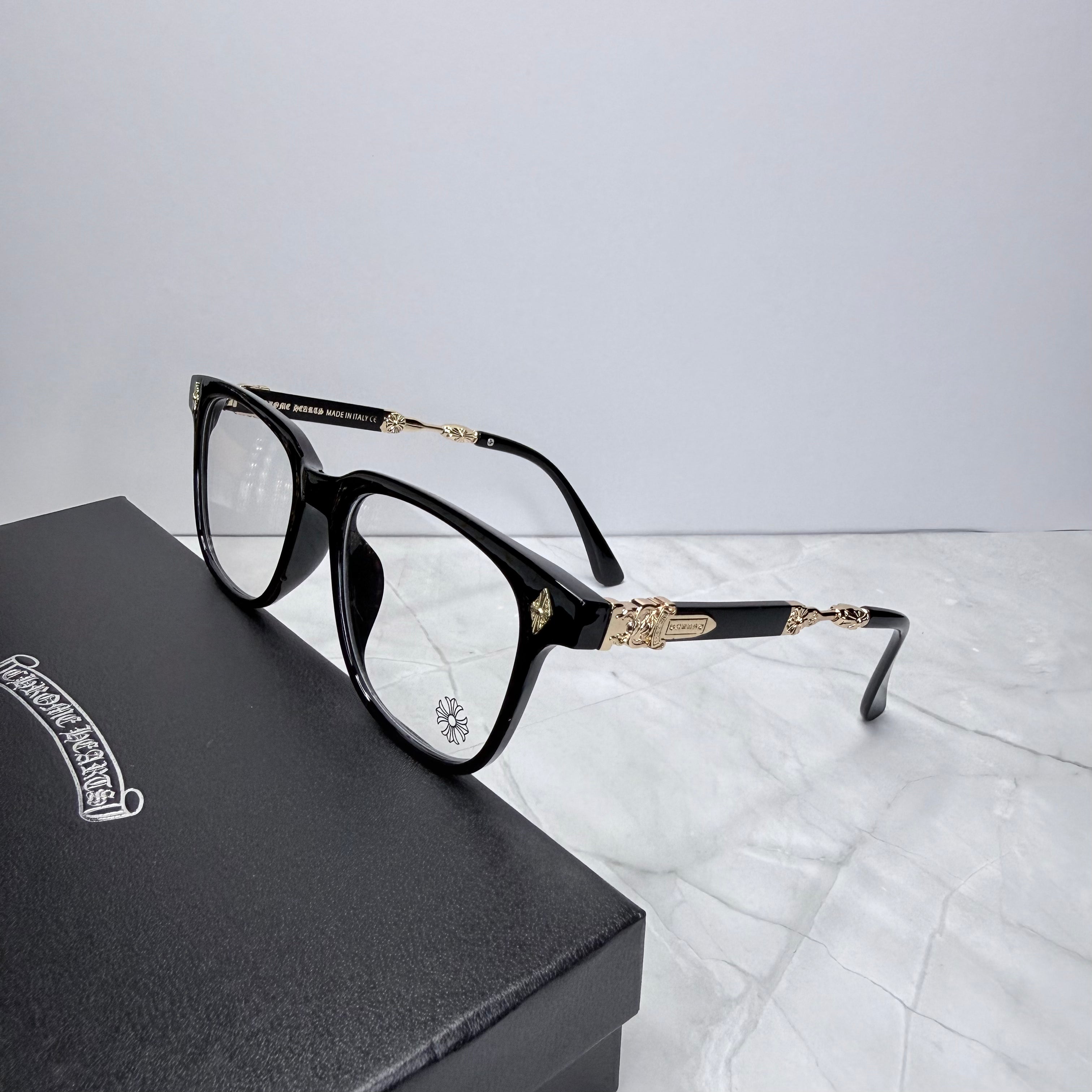 #E6: Chrome Hearts Evagilist Anti-Blue Lens Glasses (Black & Gold)