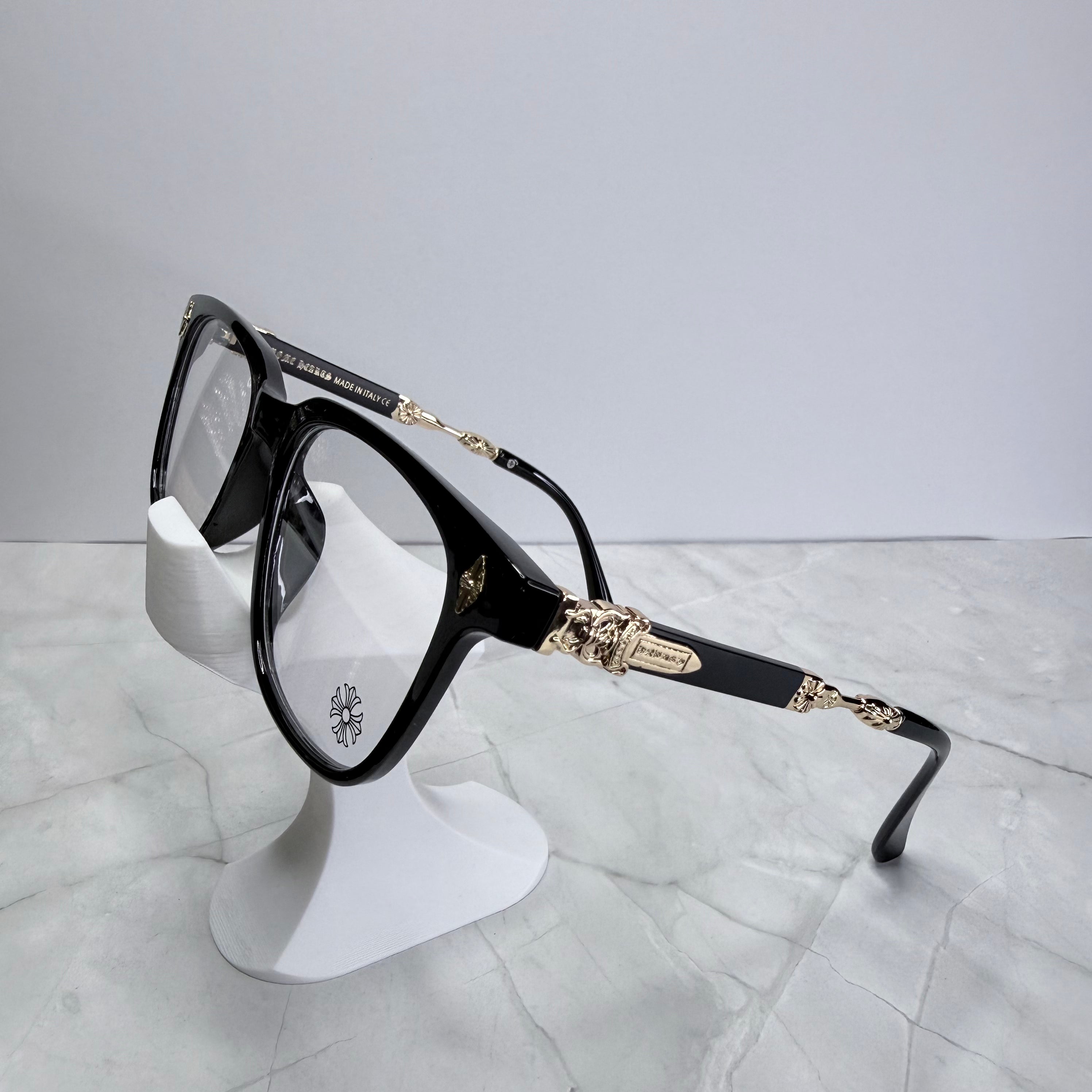 #E6: Chrome Hearts Evagilist Anti-Blue Lens Glasses (Black & Gold)