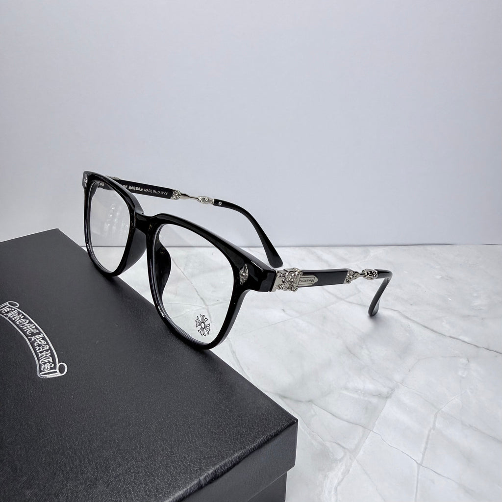 #E5: Chrome Hearts Evagilist Anti-Blue Lens Glasses (Black & Silver)