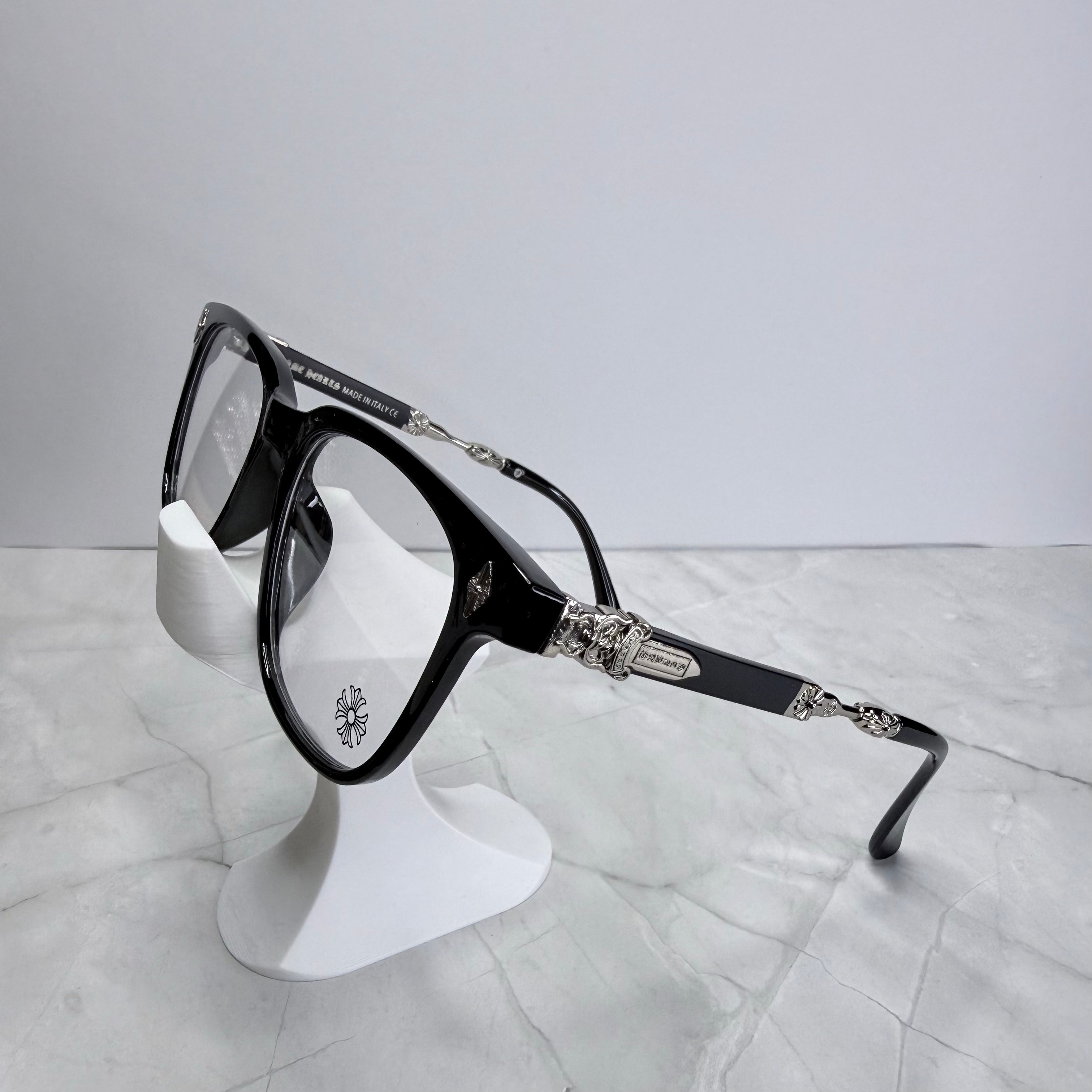 #E5: Chrome Hearts Evagilist Anti-Blue Lens Glasses (Black & Silver)