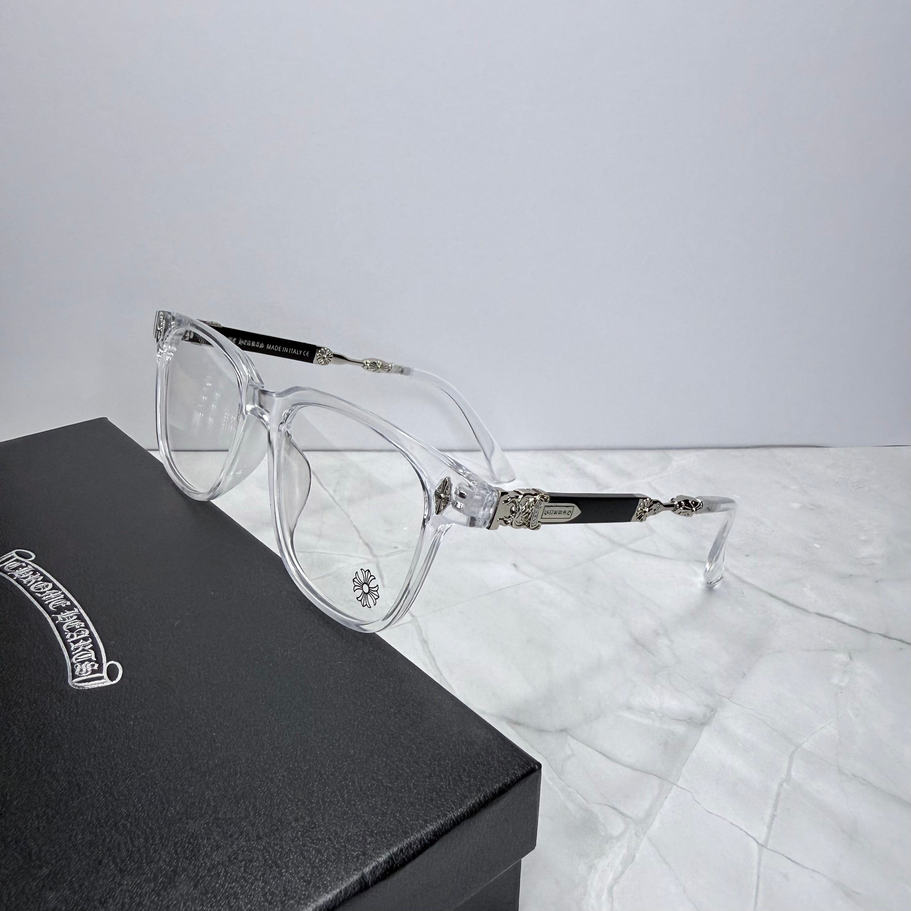 #E7: Chrome Hearts Evagilist Anti-Blue Lens Glasses (Clear & Silver)