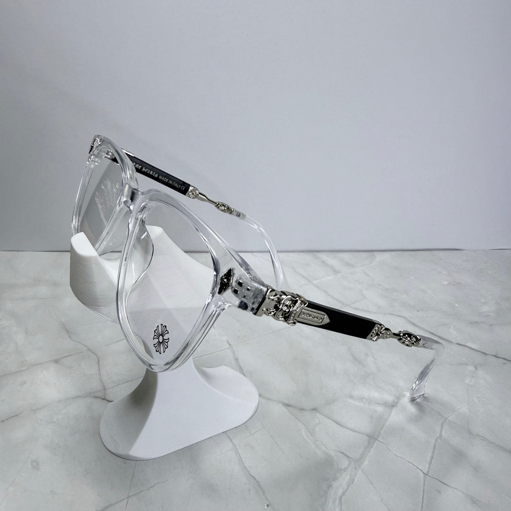 #E7: Chrome Hearts Evagilist Anti-Blue Lens Glasses (Clear & Silver)