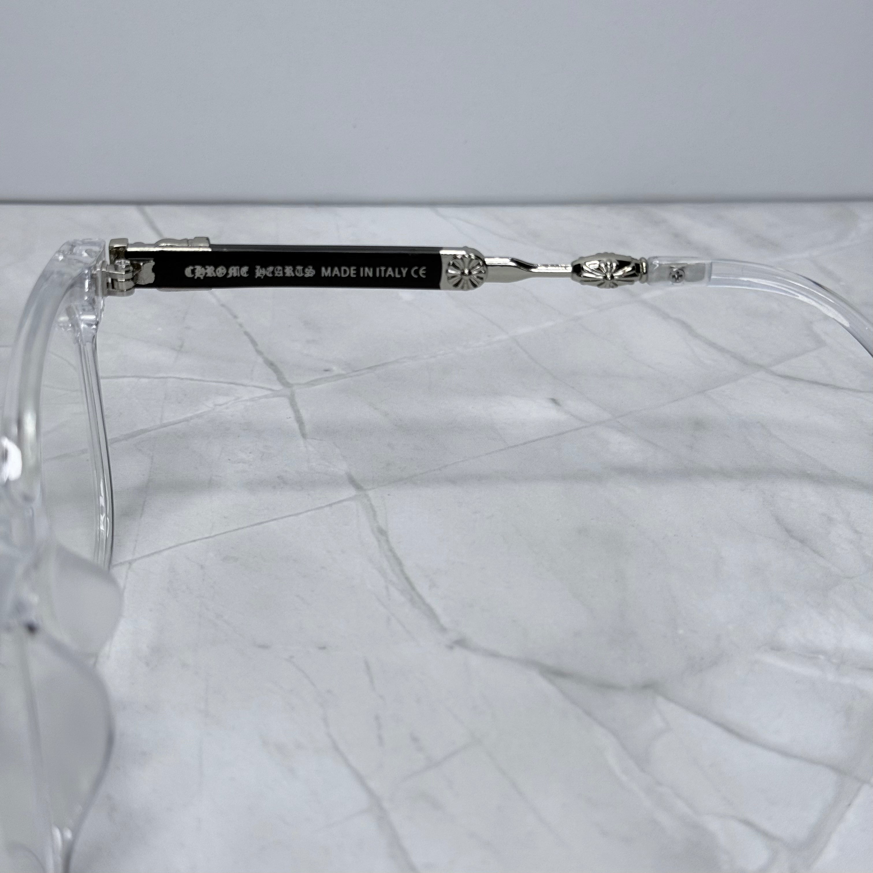 #E7: Chrome Hearts Evagilist Anti-Blue Lens Glasses (Clear & Silver)