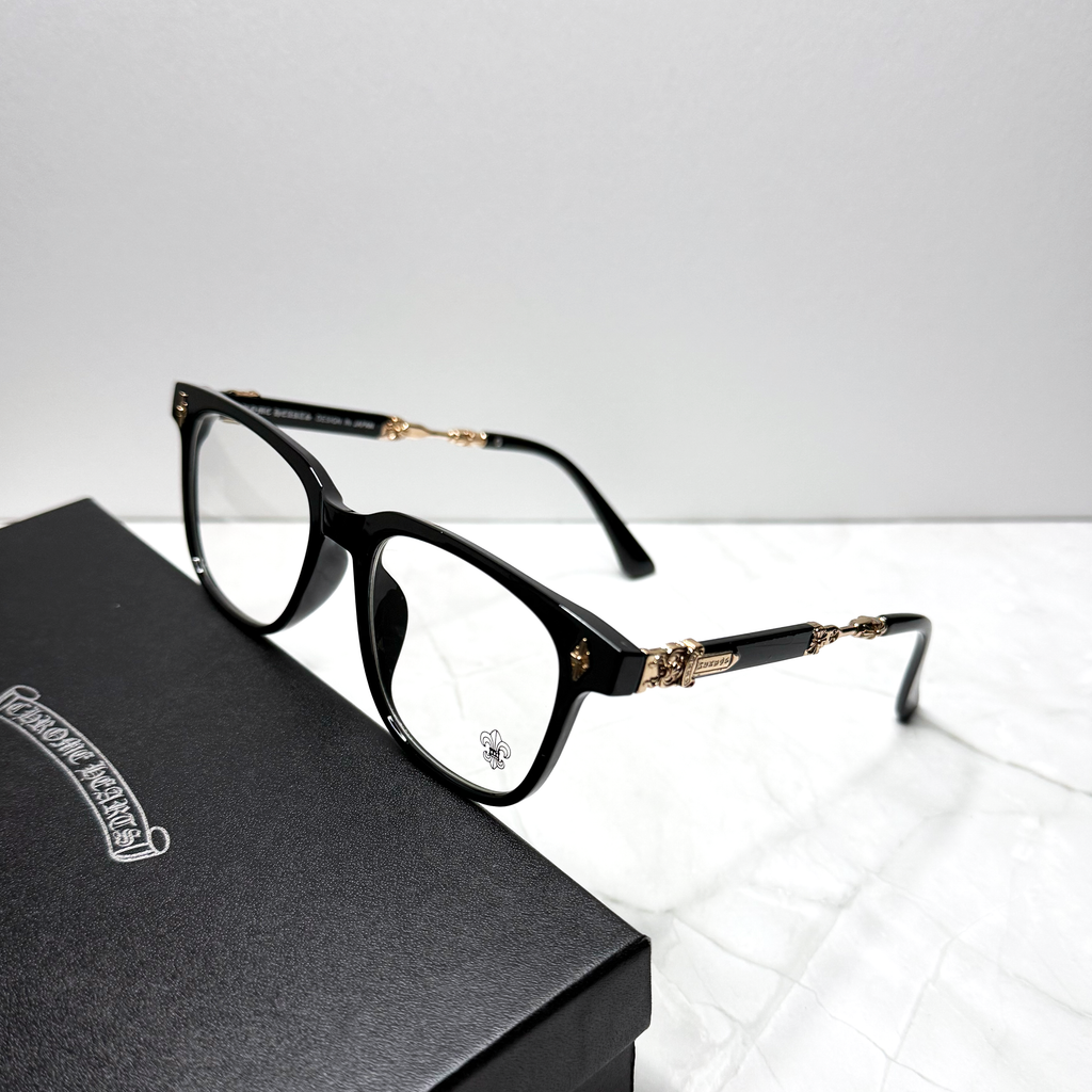 #E6B: Chrome Hearts Evagilist Fleur-De-Lis Anti-Blue Lens Glasses (Black & Gold)