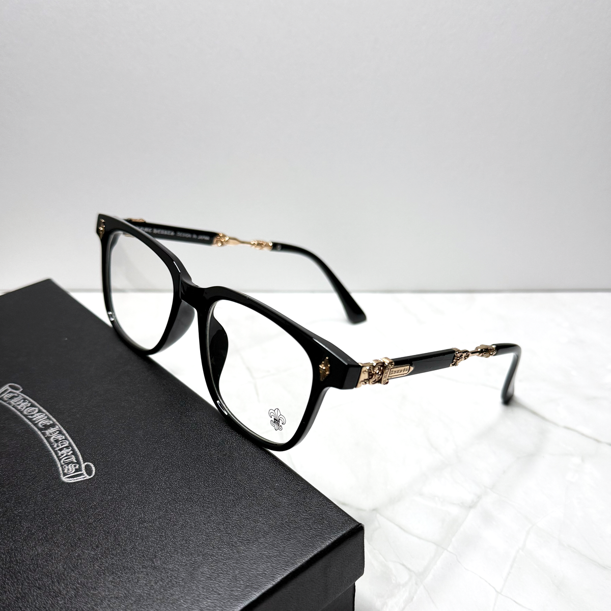 #E6B: Chrome Hearts Evagilist Fleur-De-Lis Anti-Blue Lens Glasses (Black & Gold)