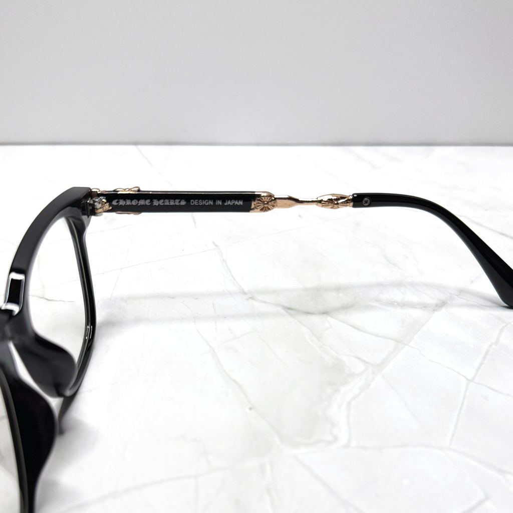 #E6B: Chrome Hearts Evagilist Fleur-De-Lis Anti-Blue Lens Glasses (Black & Gold)