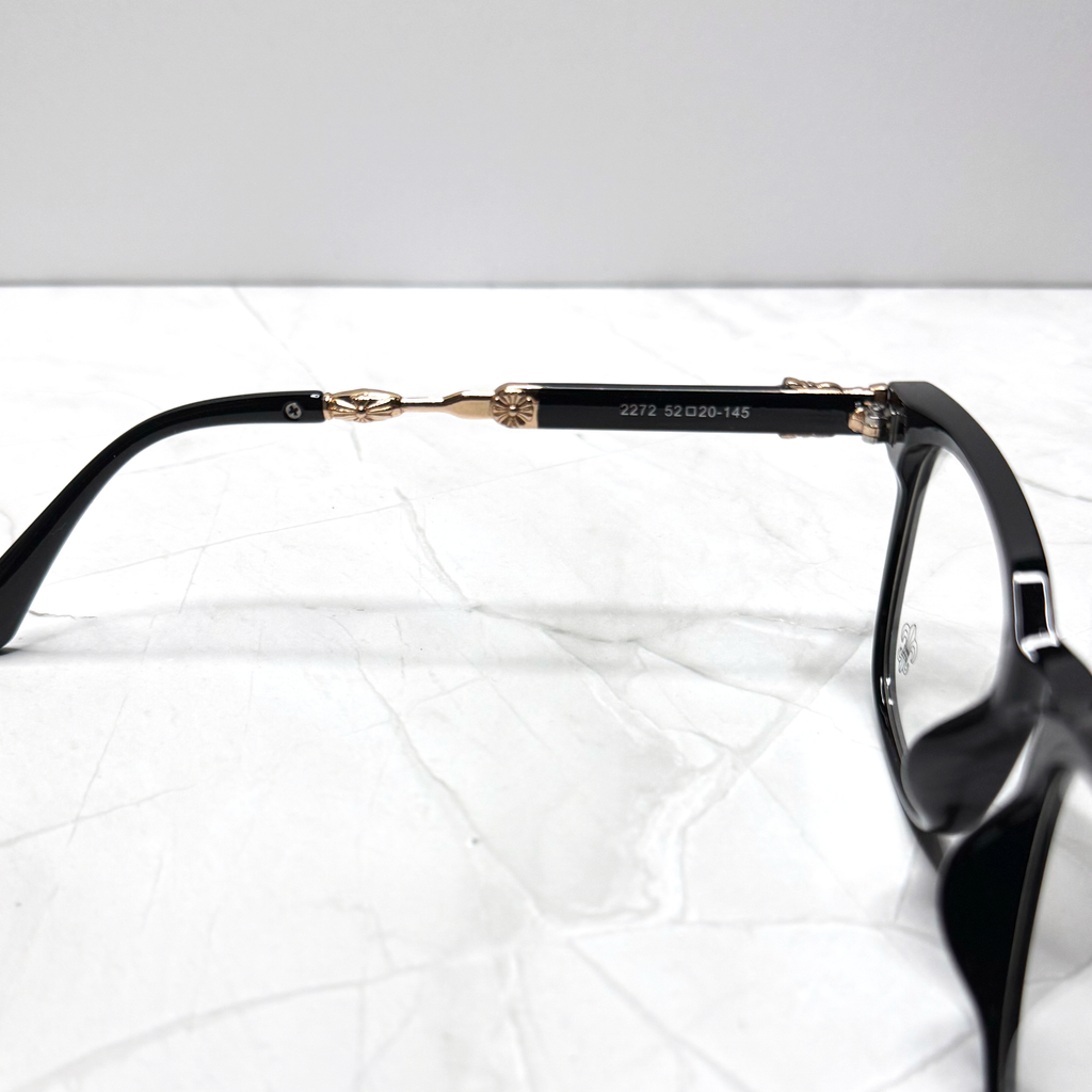 #E6B: Chrome Hearts Evagilist Fleur-De-Lis Anti-Blue Lens Glasses (Black & Gold)