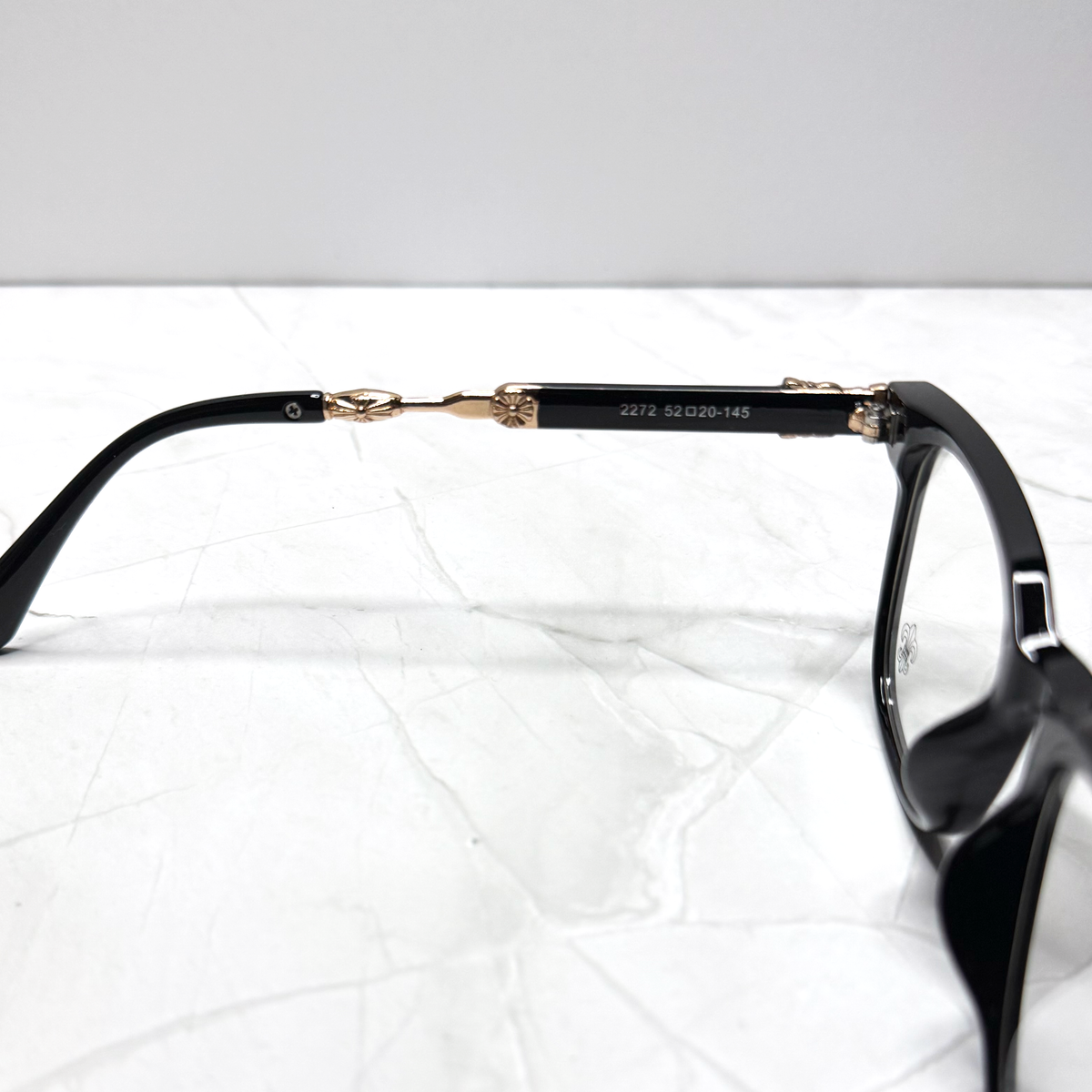 #E6B: Chrome Hearts Evagilist Fleur-De-Lis Anti-Blue Lens Glasses (Black & Gold)
