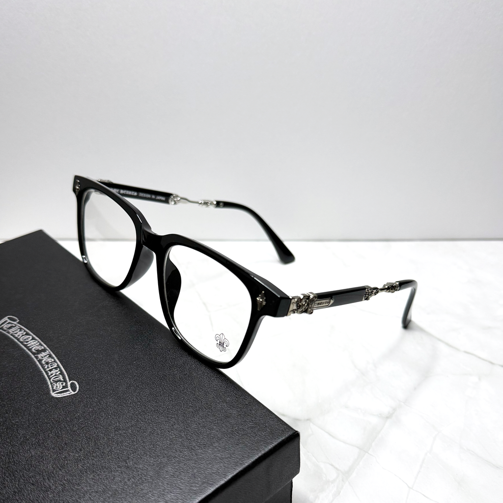 #E5B: Chrome Hearts Evagilist Fleur-De-Lis Anti-Blue Lens Glasses (Black & Silver)