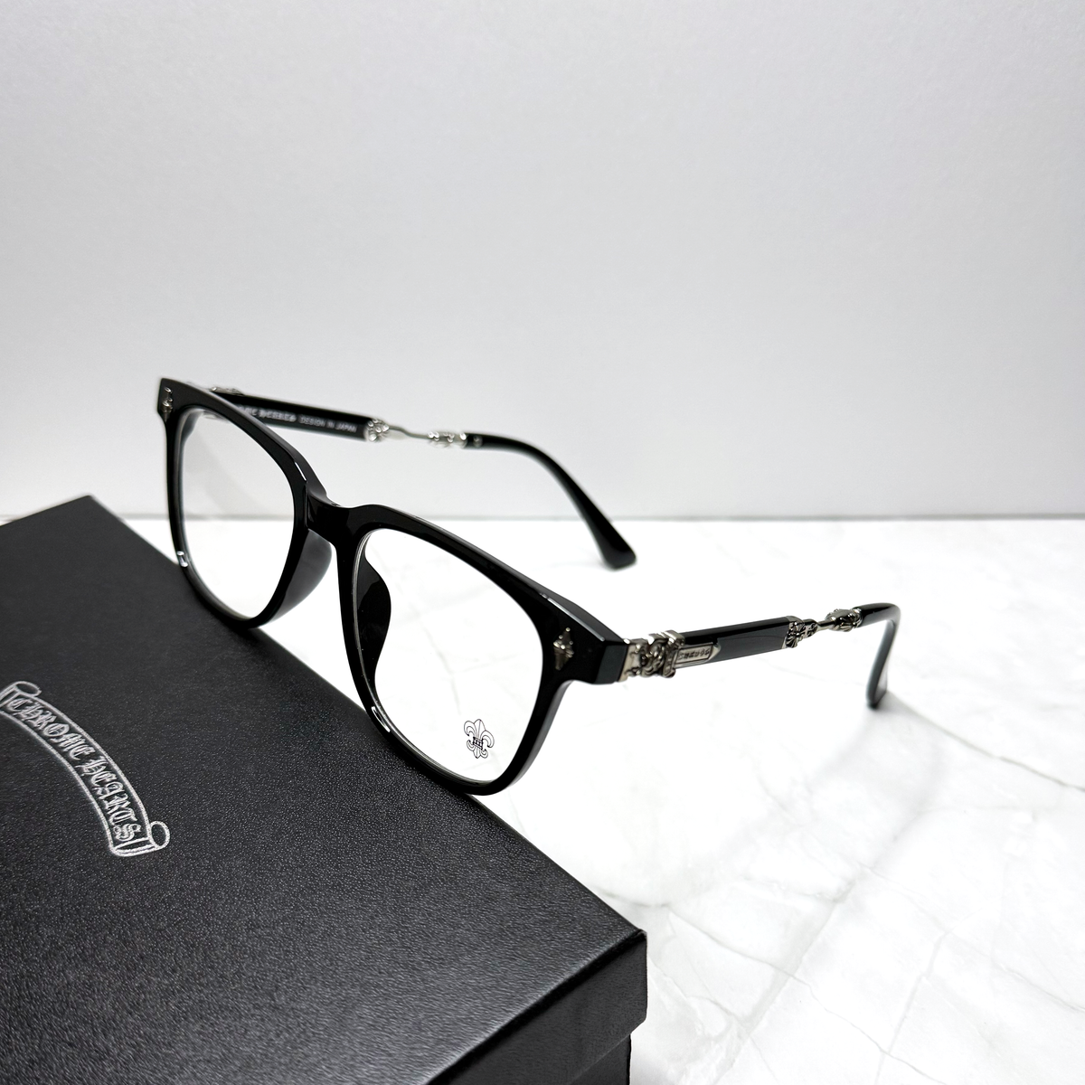 #E5B: Chrome Hearts Evagilist Fleur-De-Lis Anti-Blue Lens Glasses (Black & Silver)