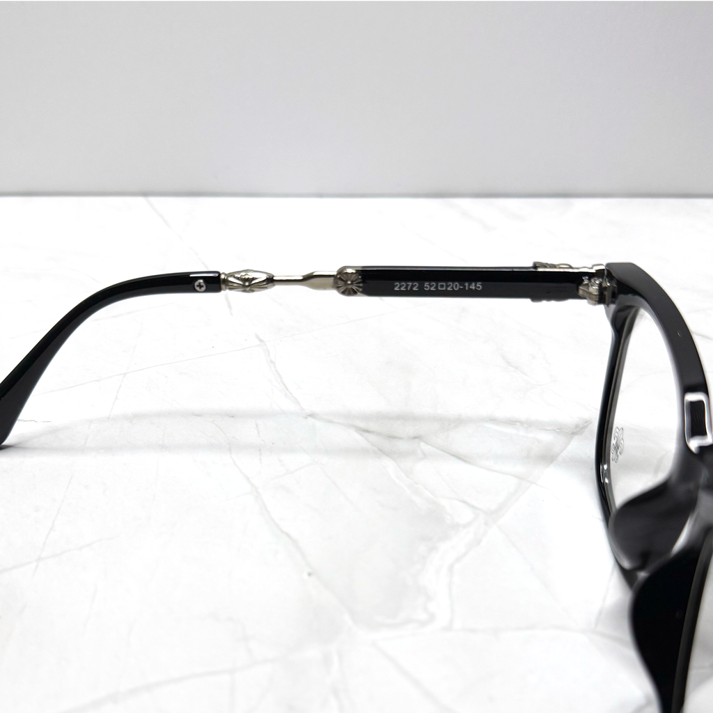 #E5B: Chrome Hearts Evagilist Fleur-De-Lis Anti-Blue Lens Glasses (Black & Silver)