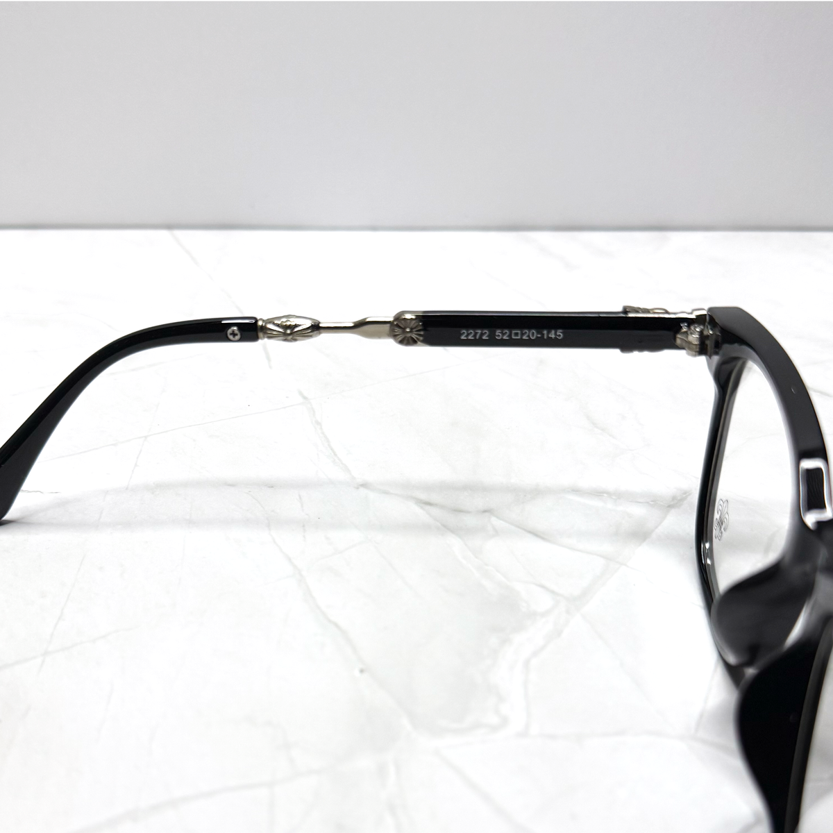 #E5B: Chrome Hearts Evagilist Fleur-De-Lis Anti-Blue Lens Glasses (Black & Silver)