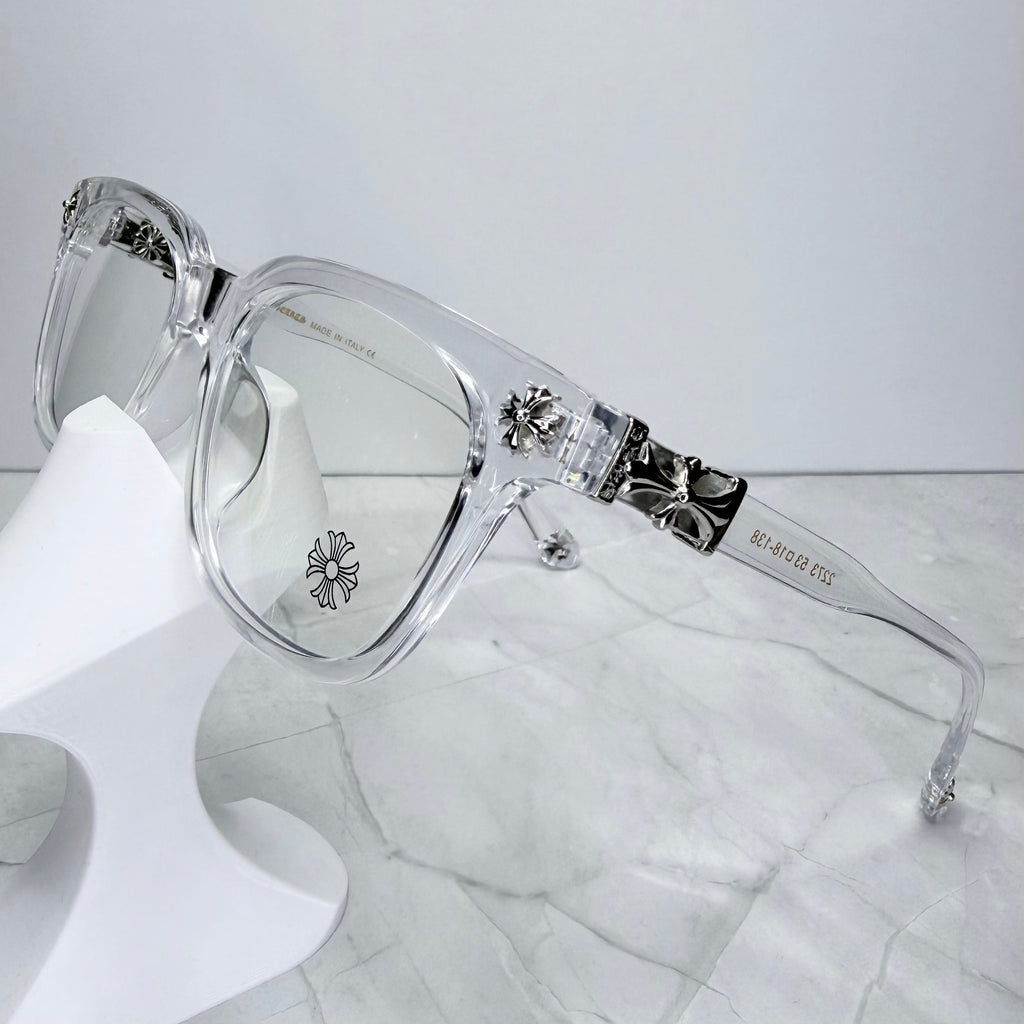 #E3: Chrome Hearts Cox Ucker Anti-Blue Lens Glasses (Clear & Silver)