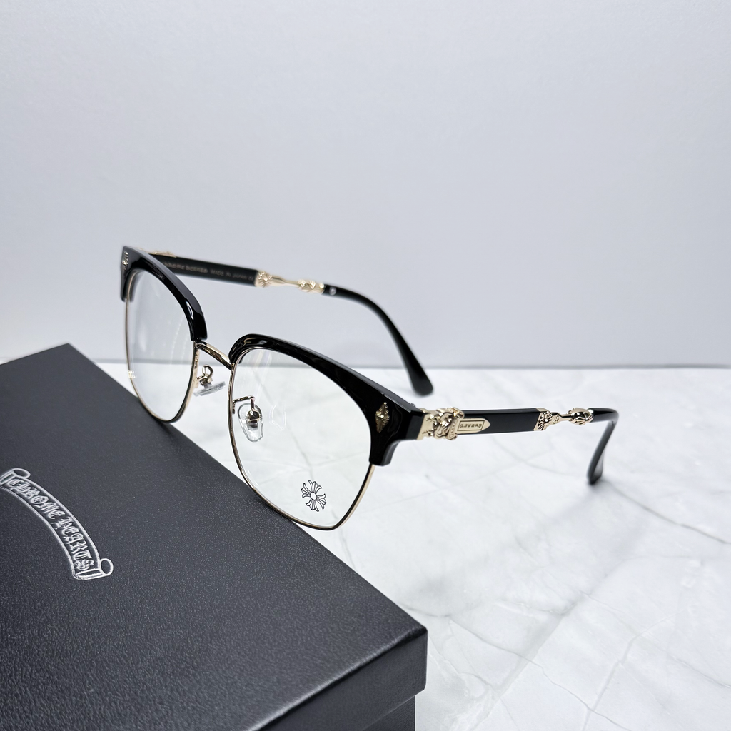 #E13: Chrome Hearts Evagilist Anti-Blue Lens Glasses (Black & Gold)