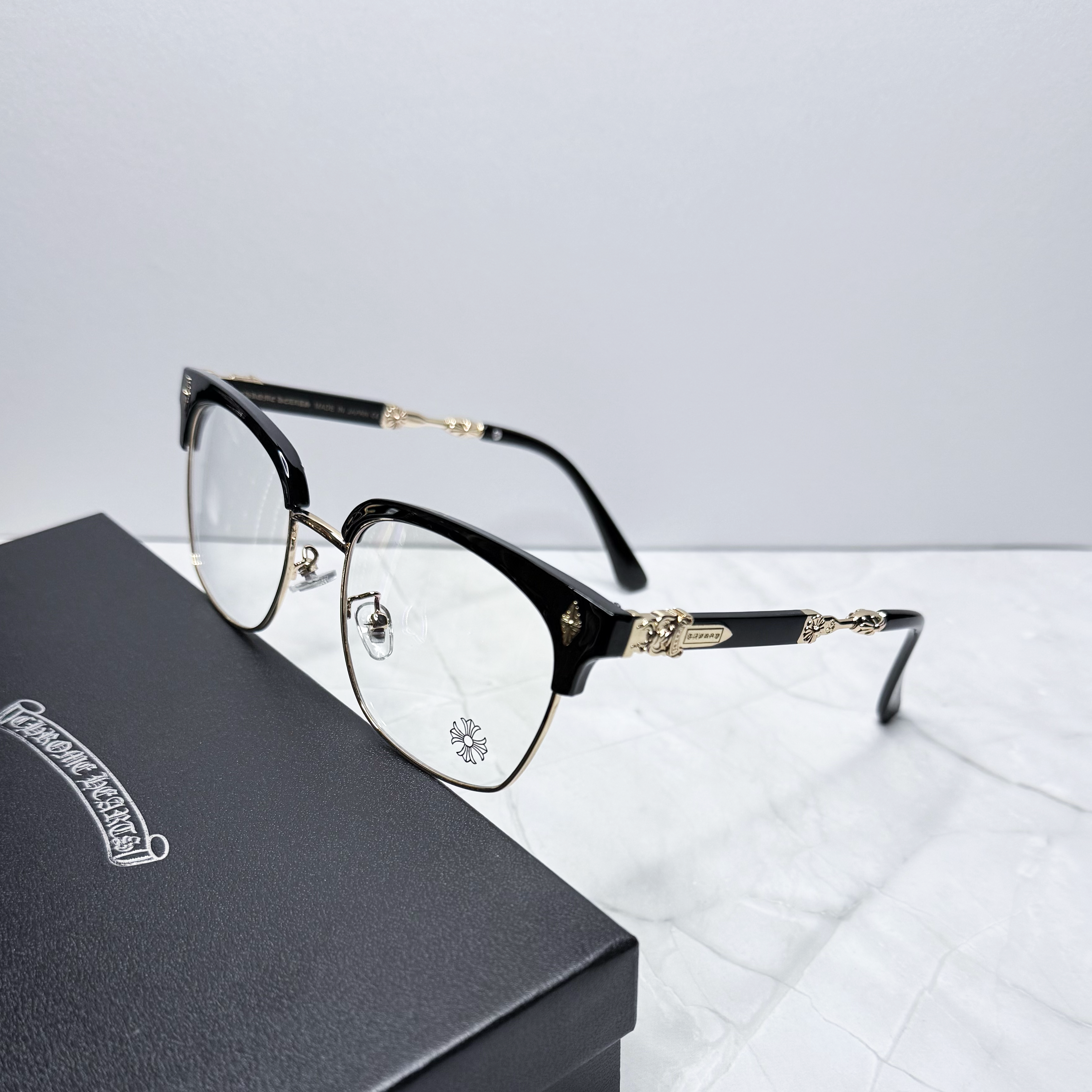 #E13: Chrome Hearts Evagilist Anti-Blue Lens Glasses (Black & Gold)