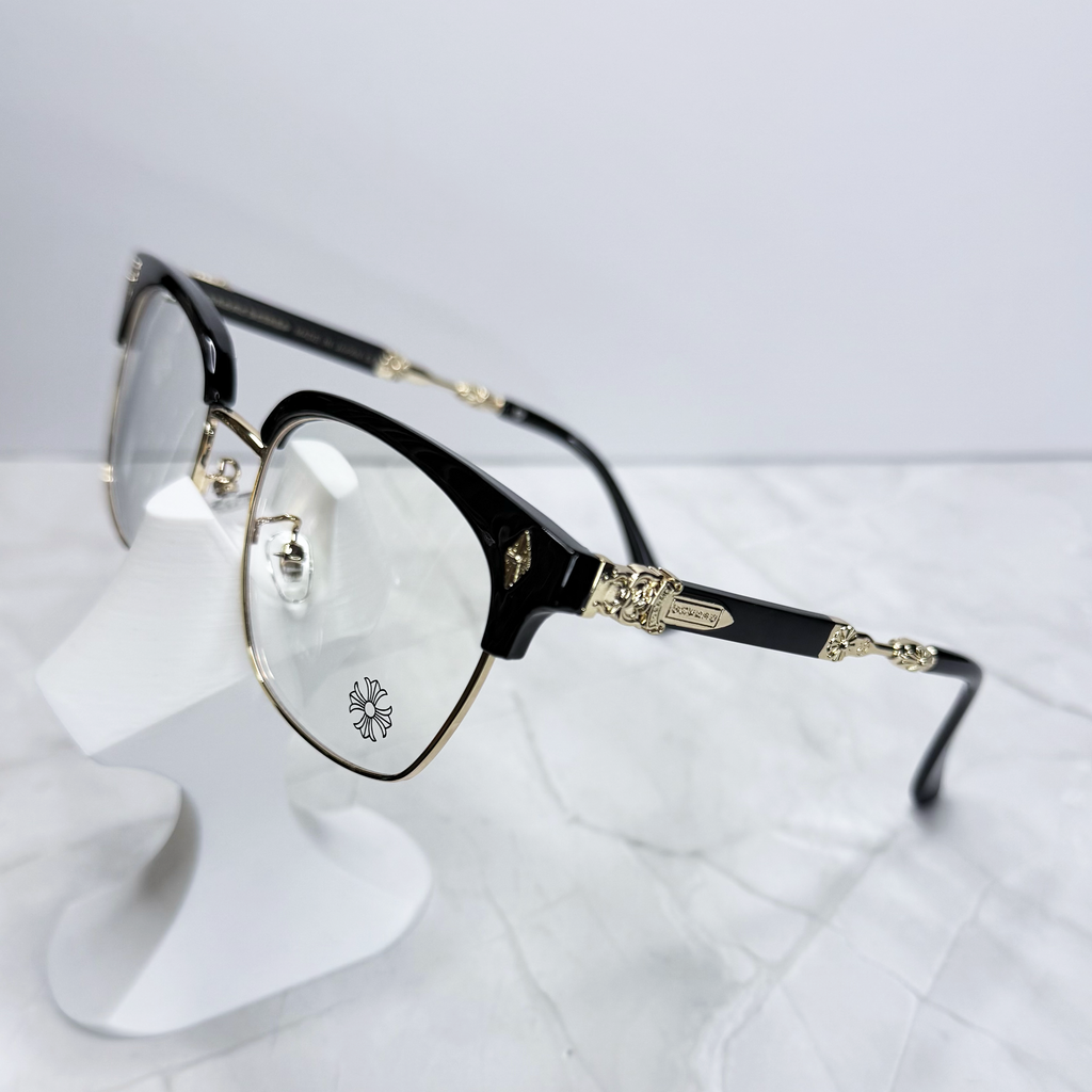 #E13: Chrome Hearts Evagilist Anti-Blue Lens Glasses (Black & Gold)