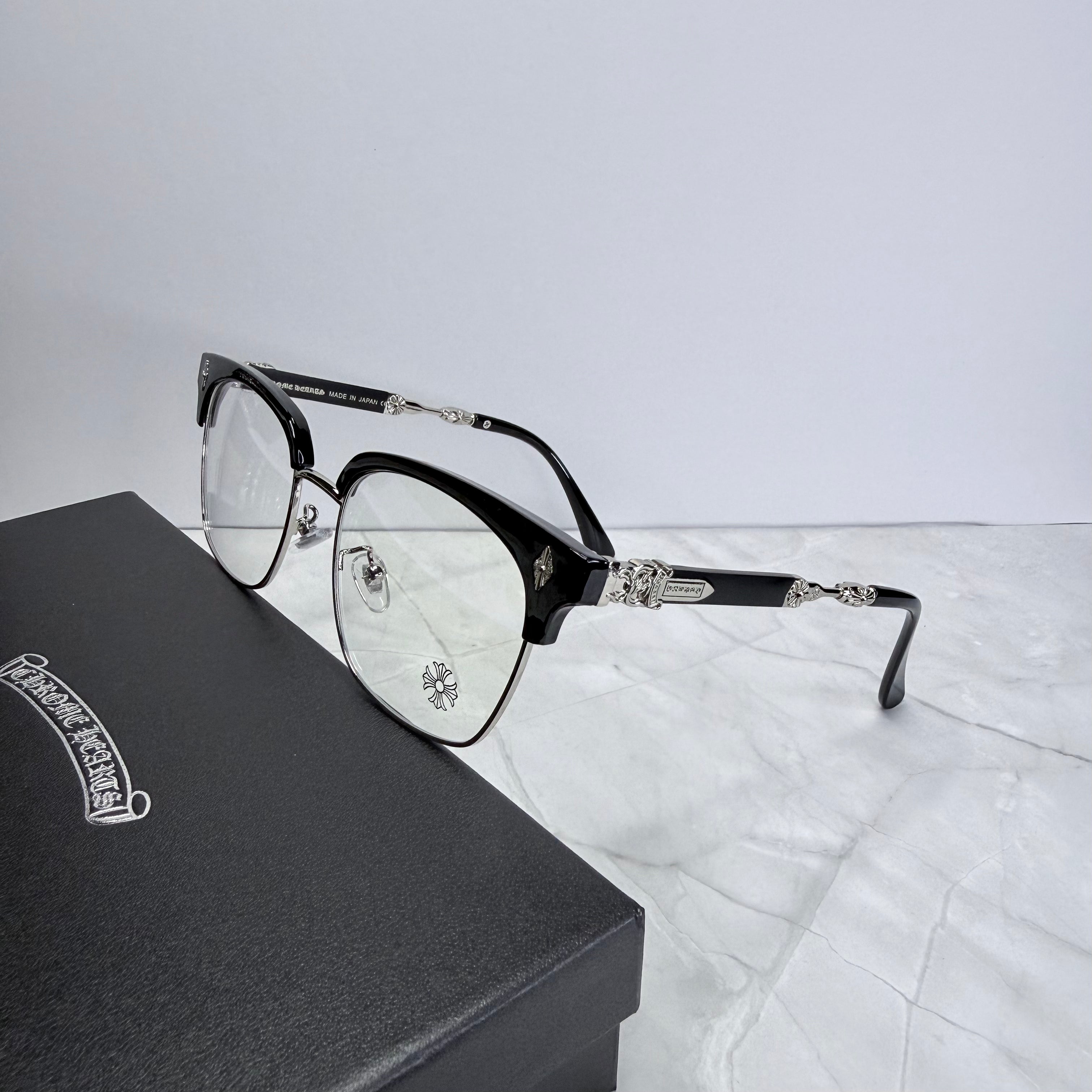 #E12: Chrome Hearts Evagilist Anti-Blue Lens Glasses (Black & Silver)
