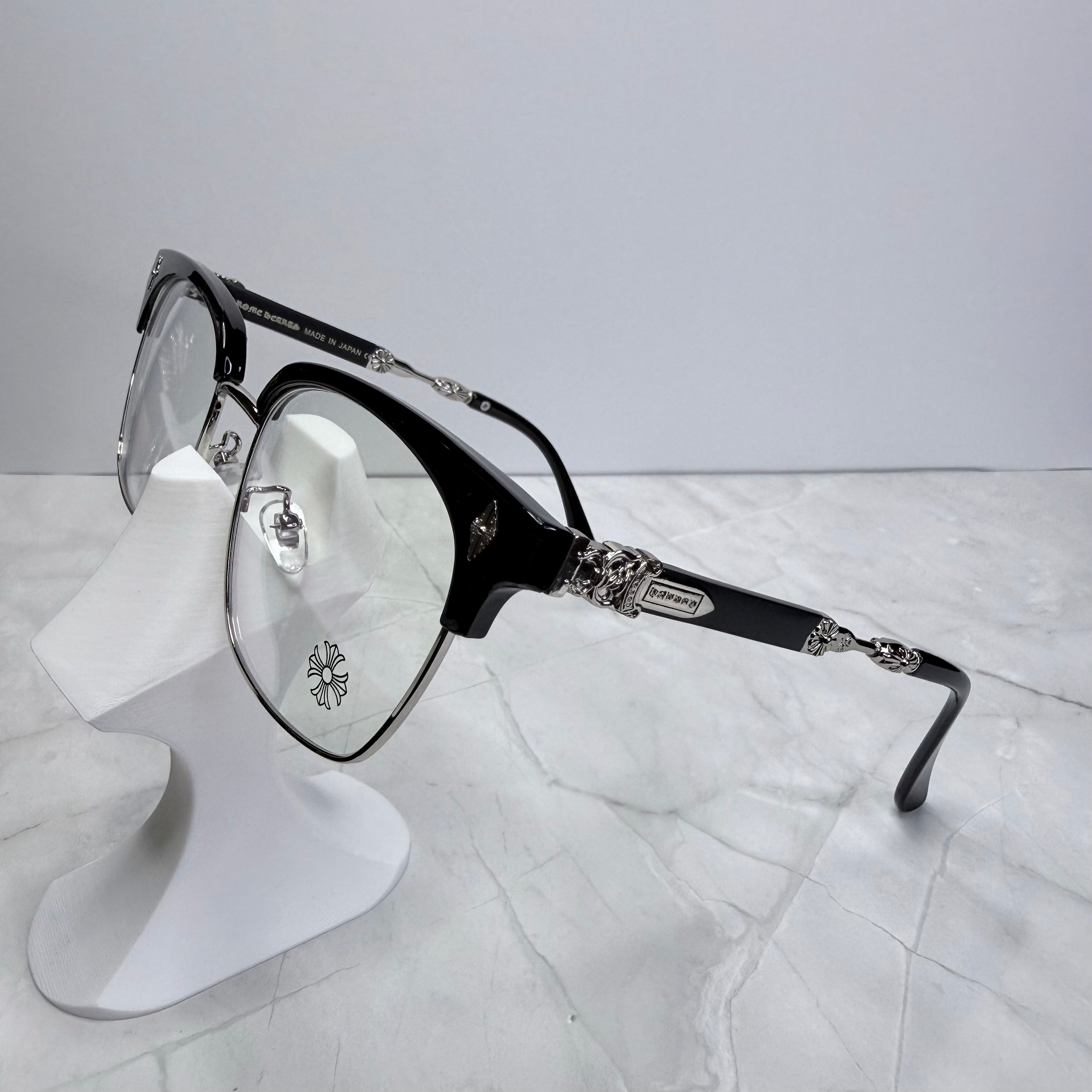 #E12: Chrome Hearts Evagilist Anti-Blue Lens Glasses (Black & Silver)