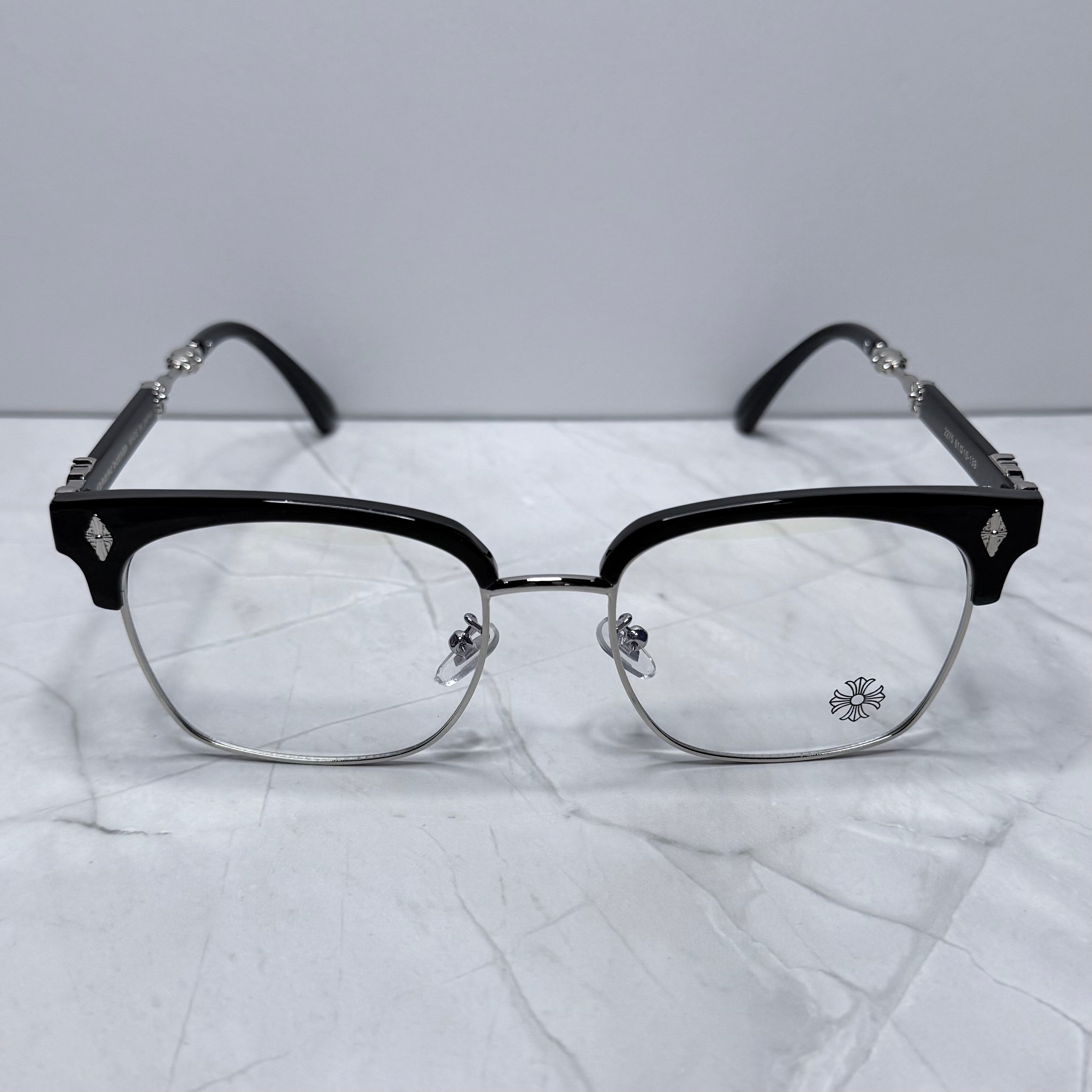 #E12: Chrome Hearts Evagilist Anti-Blue Lens Glasses (Black & Silver)