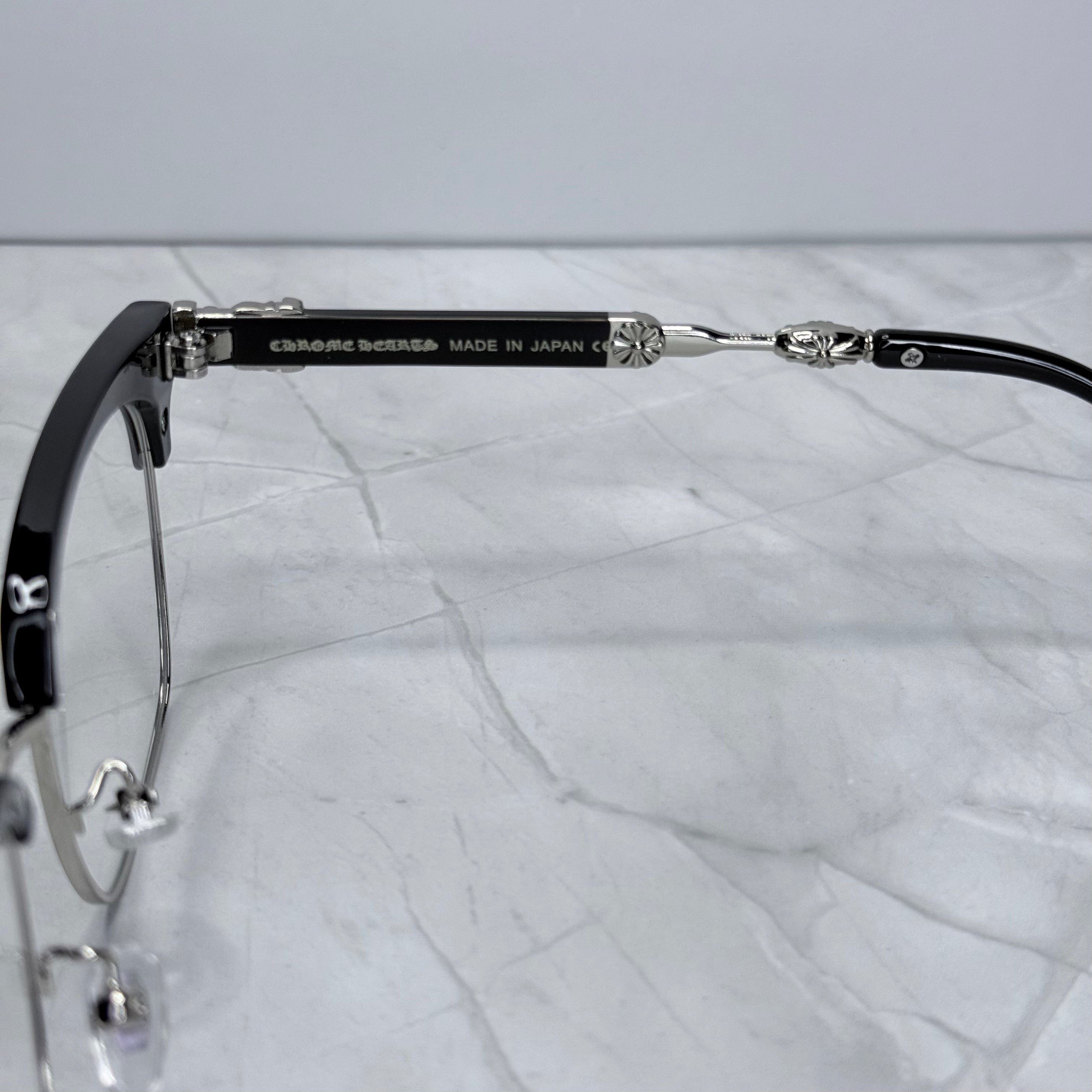 #E12: Chrome Hearts Evagilist Anti-Blue Lens Glasses (Black & Silver)