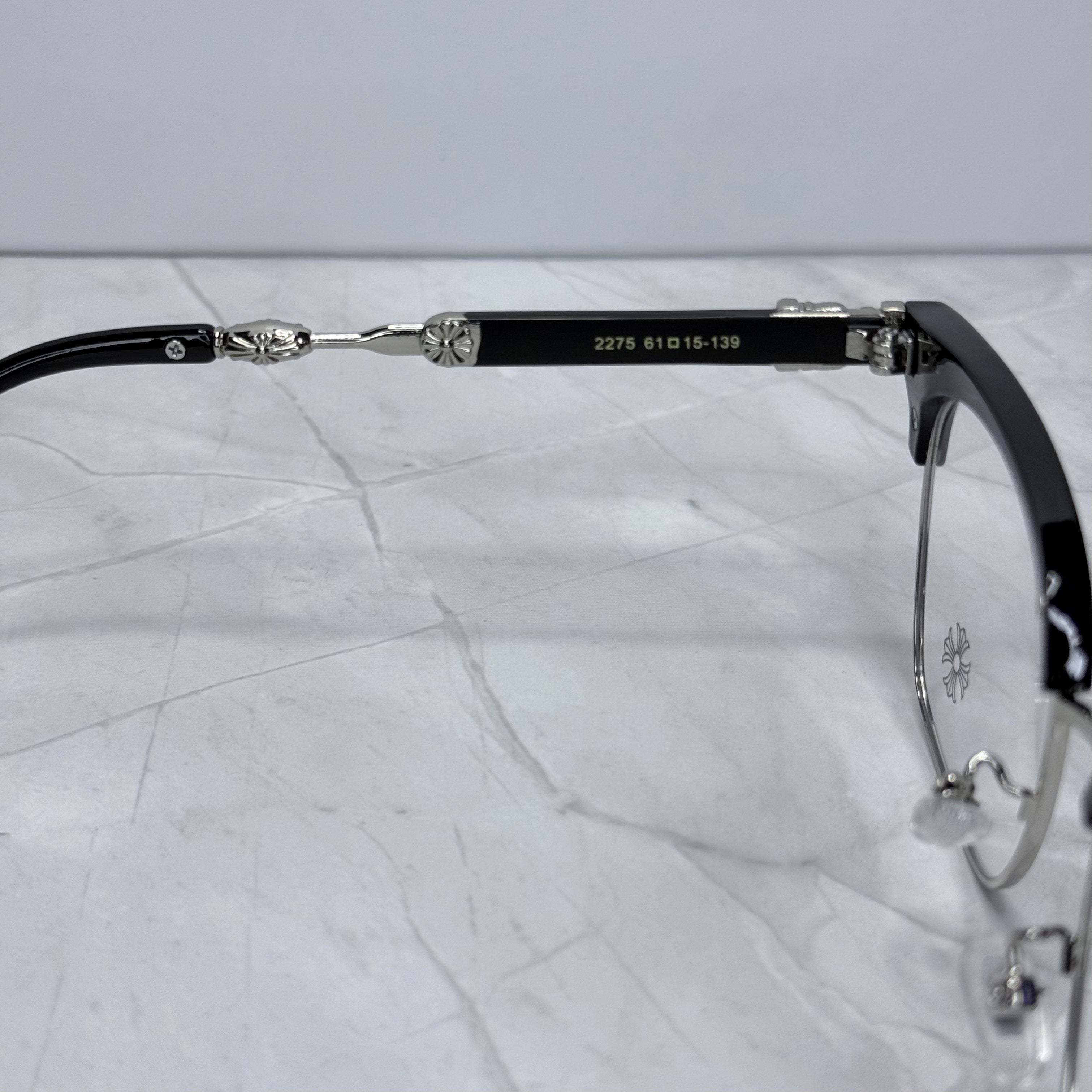 #E12: Chrome Hearts Evagilist Anti-Blue Lens Glasses (Black & Silver)