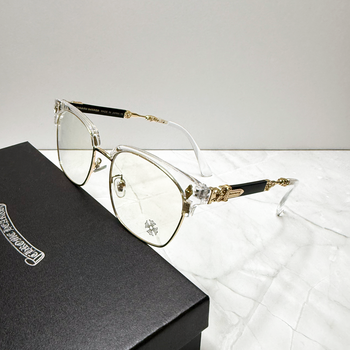 #E15: Chrome Hearts Evagilist Anti-Blue Lens Glasses (Clear & Gold)