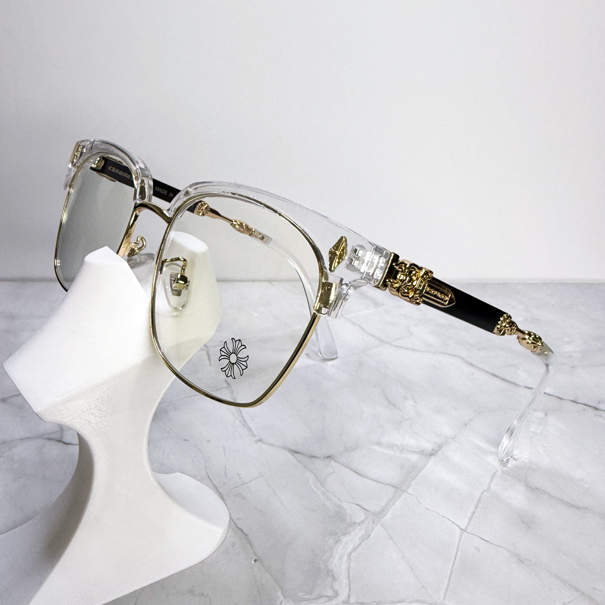 #E15: Chrome Hearts Evagilist Anti-Blue Lens Glasses (Clear & Gold)