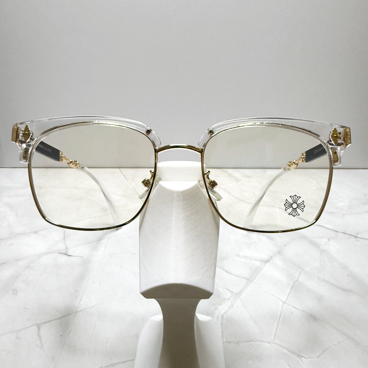 #E15: Chrome Hearts Evagilist Anti-Blue Lens Glasses (Clear & Gold)