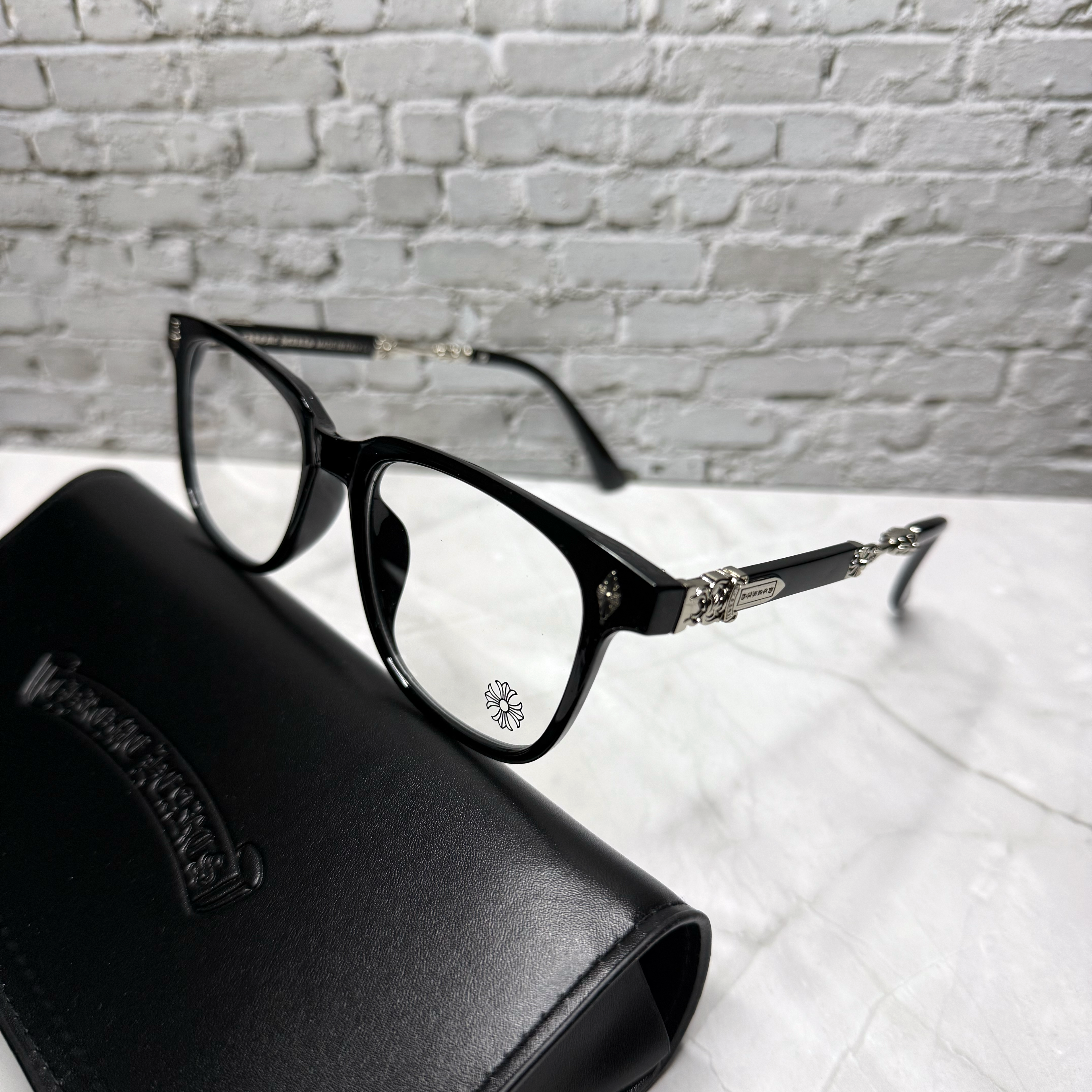 #E5: Chrome Hearts Evagilist Anti-Blue Lens Glasses (Black & Silver)