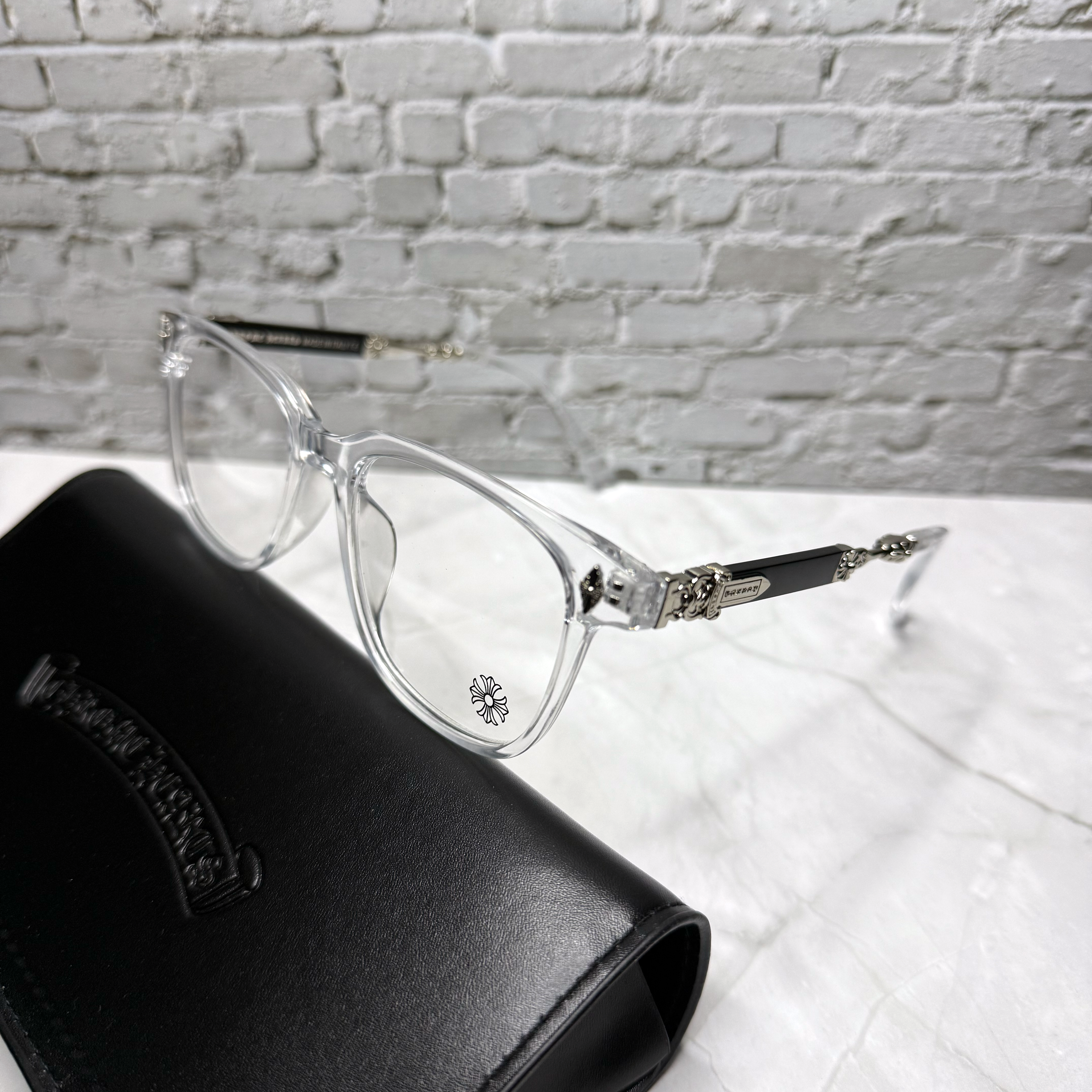 #E6: Chrome Hearts Evagilist Anti-Blue Lens Glasses (Clear & Silver)