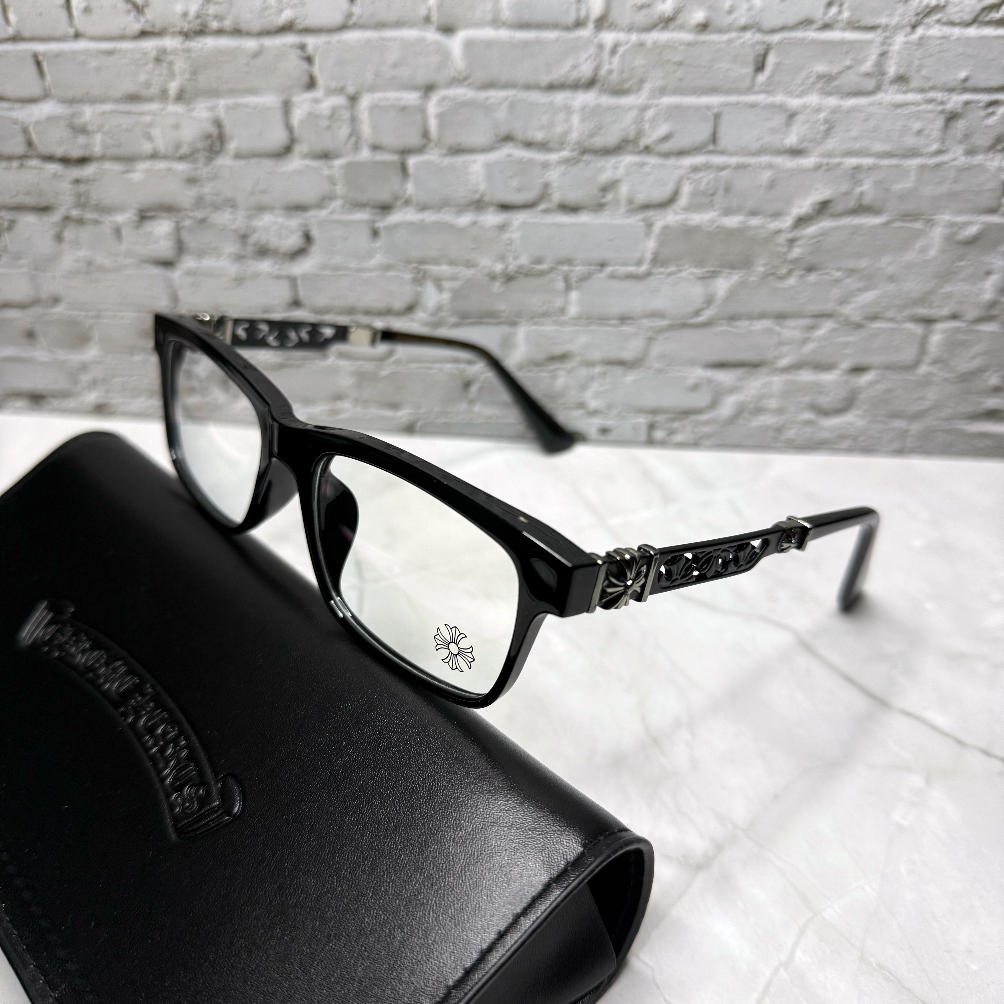 #E7: Chrome Hearts Cross Anti-Blue Lens Glasses (Black & Black)
