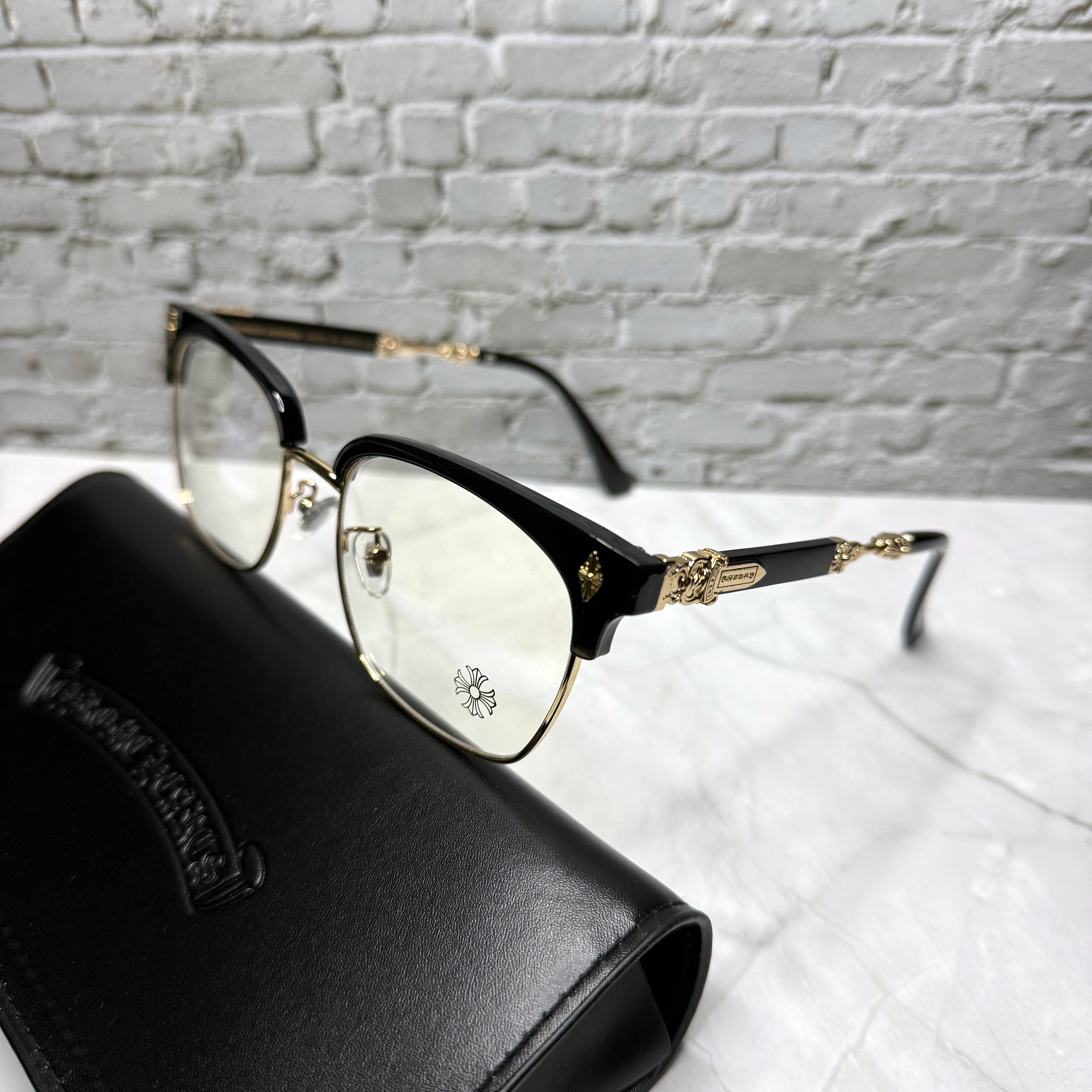 #E10: Chrome Hearts Evagilist Anti-Blue Lens Glasses (Black & Gold)