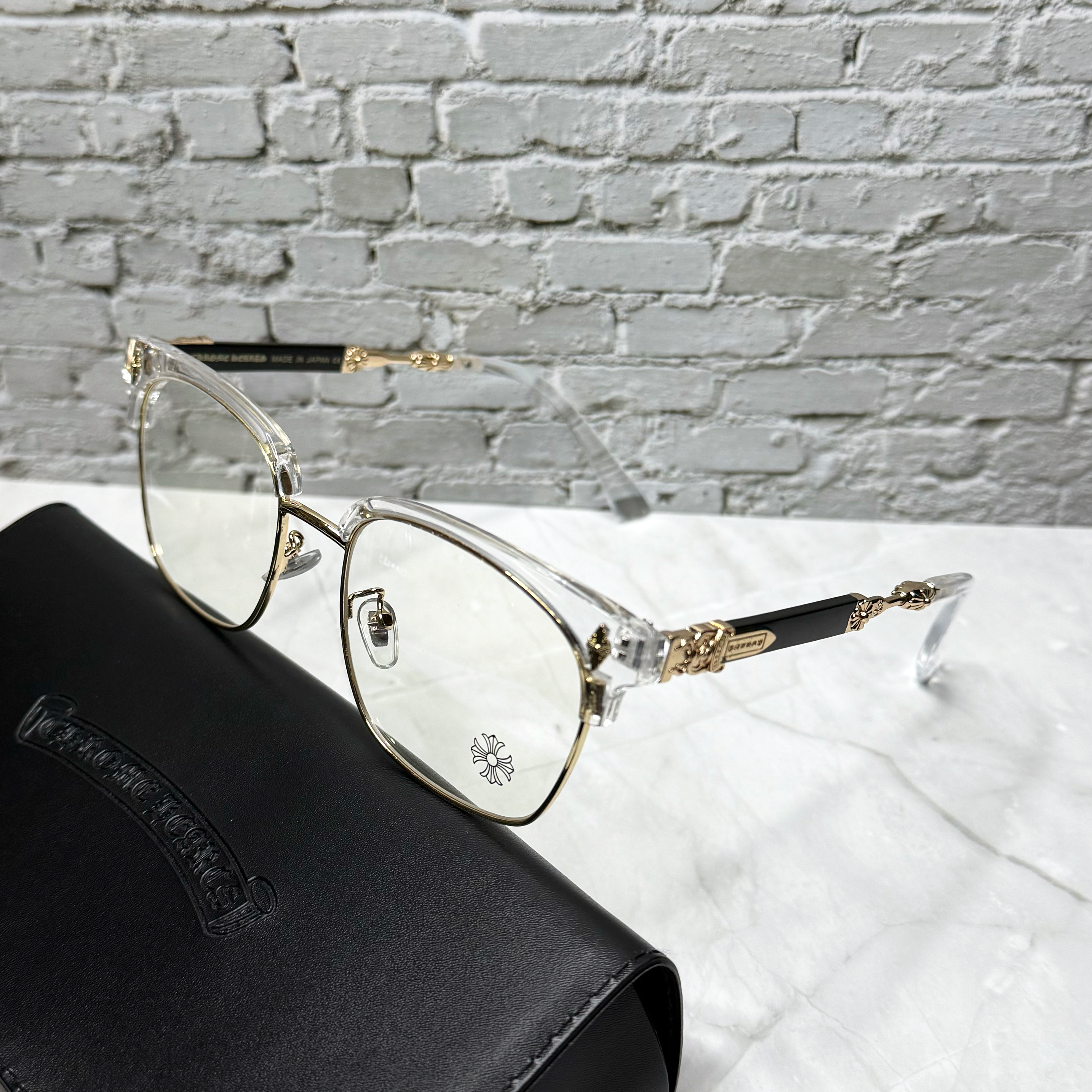 #E12: Chrome Hearts Evagilist Anti-Blue Lens Glasses (Clear & Gold)