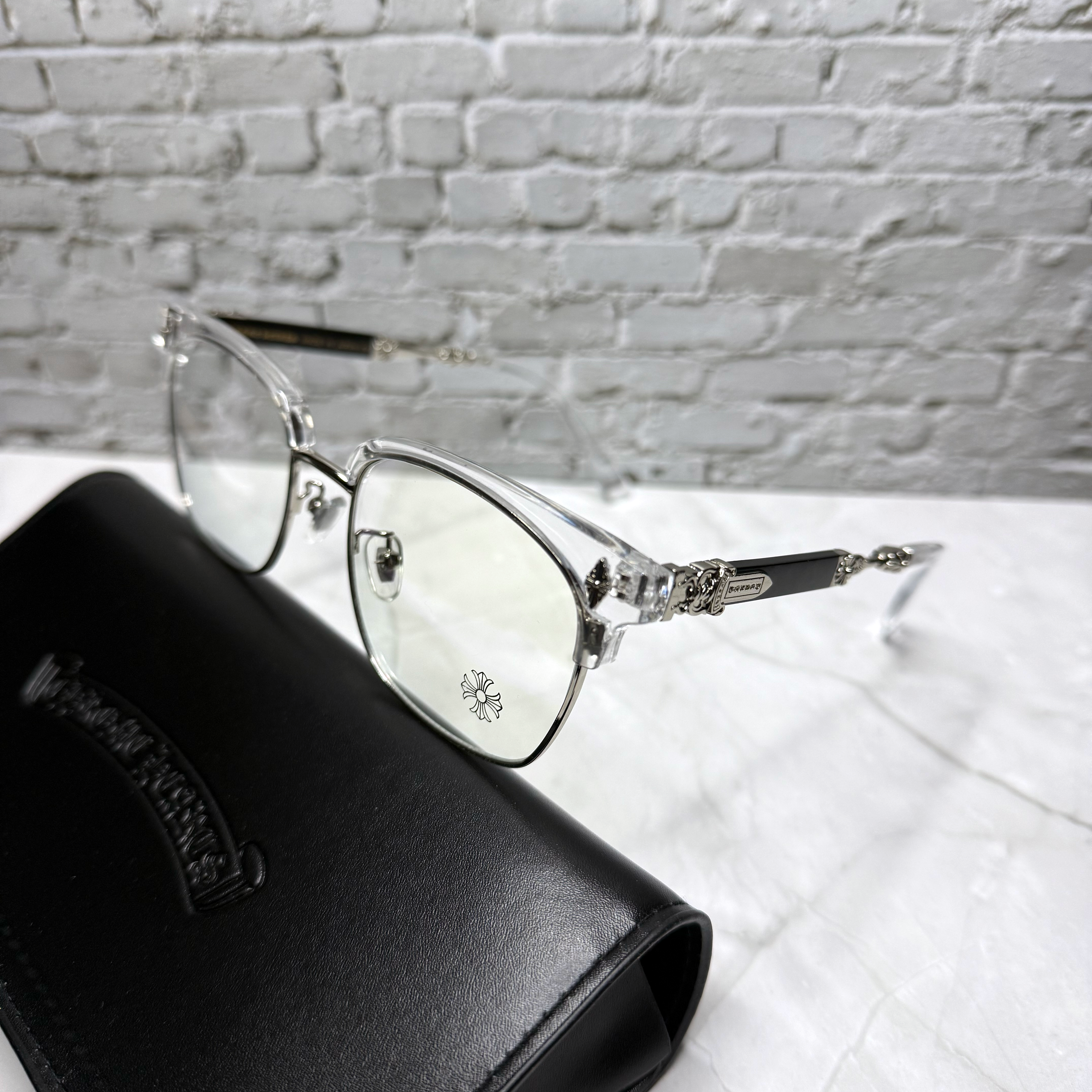 #E11: Chrome Hearts Evagilist Anti-Blue Lens Glasses (Clear & Silver)
