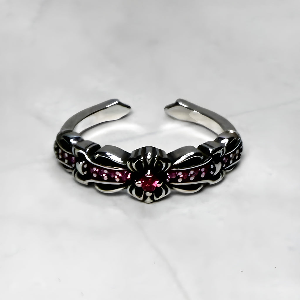 #R61: Chrome Hearts Pink CZ Floral Cross Ring (Gold-Filled)