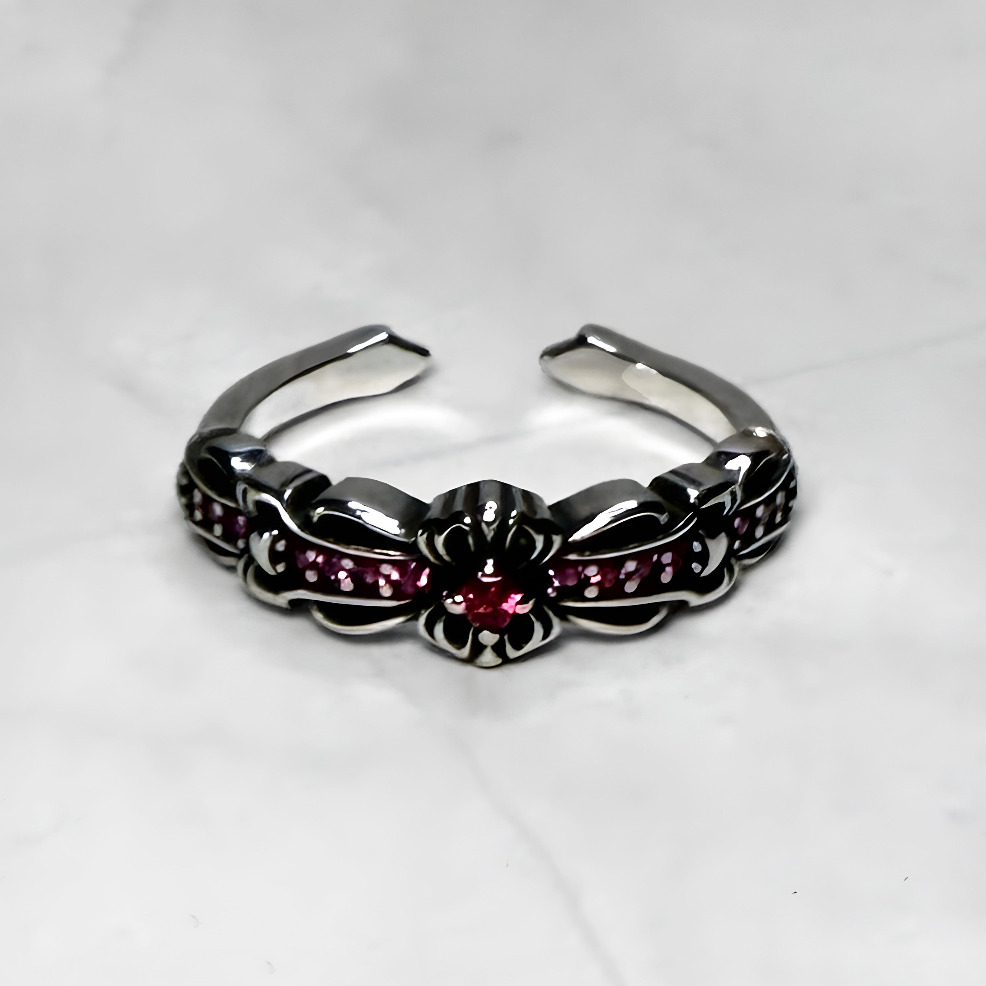 #R61: Chrome Hearts Pink CZ Floral Cross Ring (Copper)