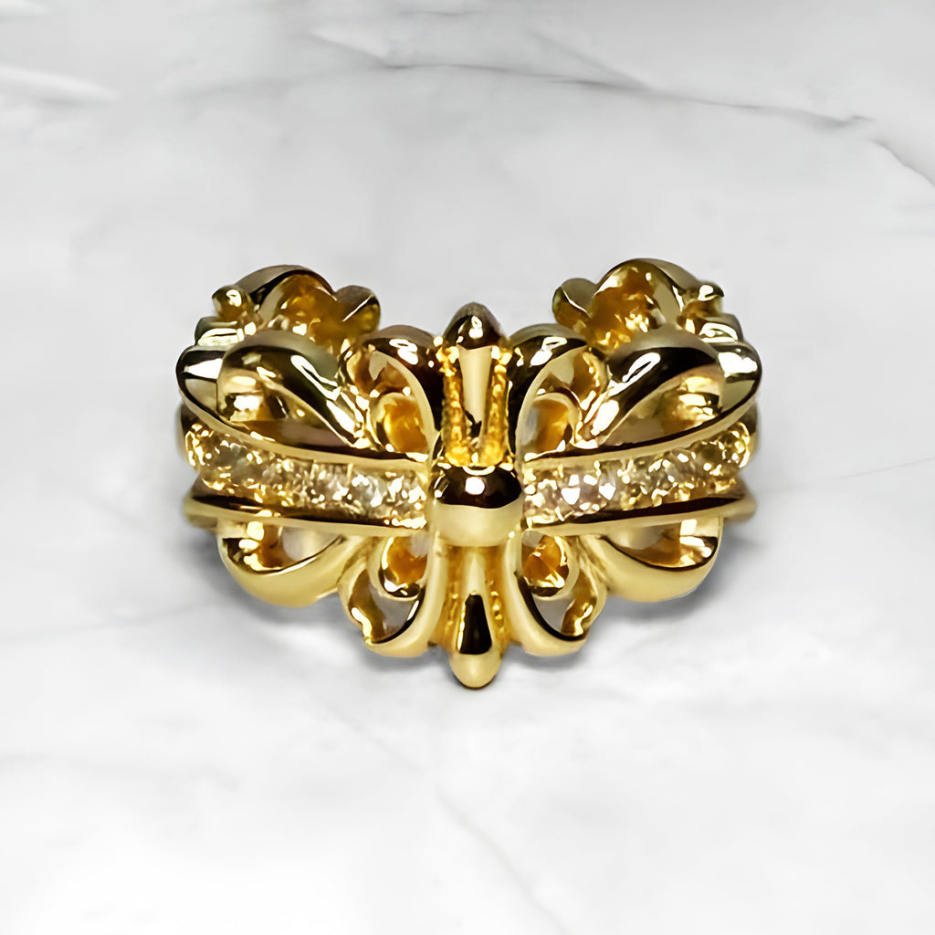 #R51: Chrome Hearts Gold CZ Floral Cross Ring (Gold-Filled)