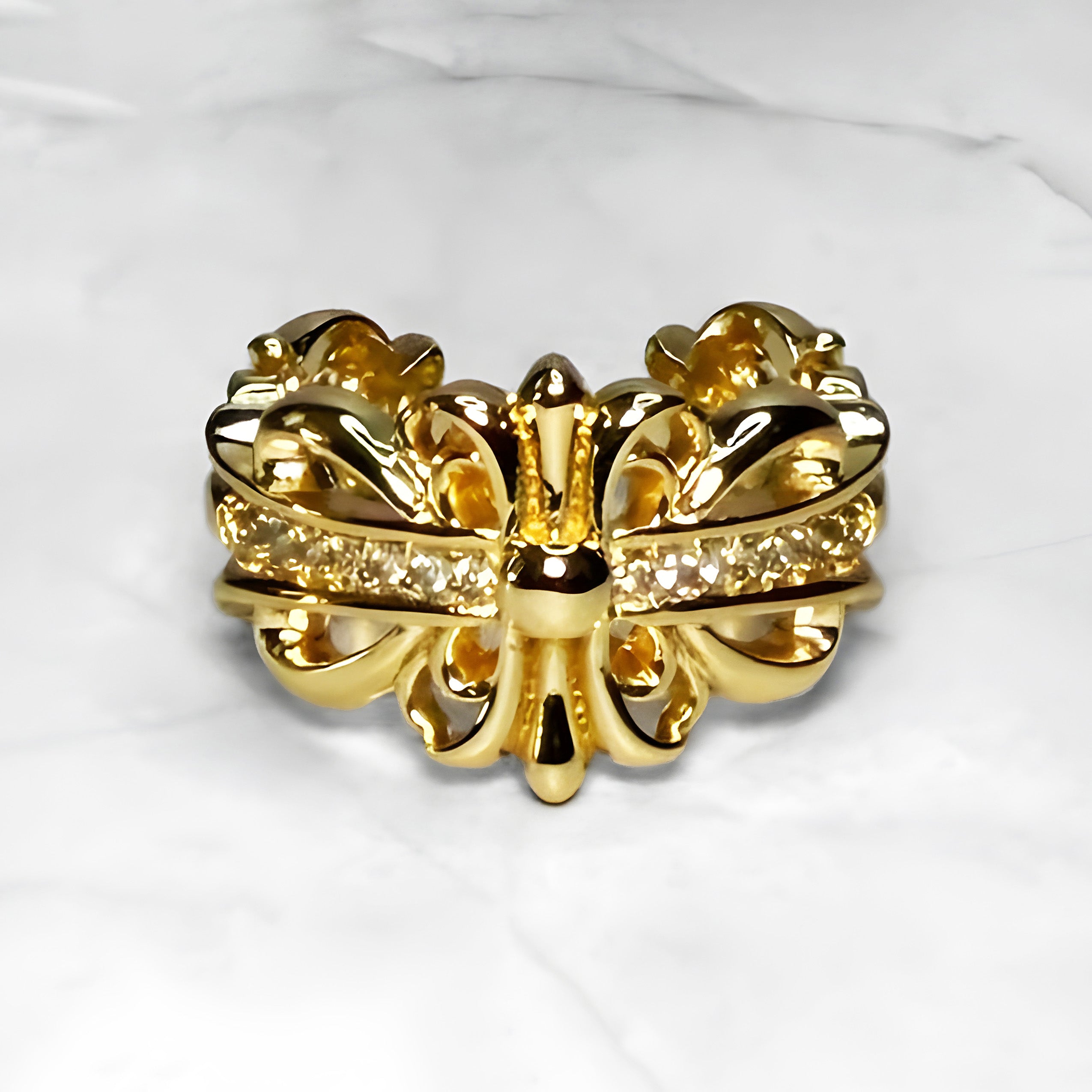 #R51: Chrome Hearts Gold CZ Floral Cross Ring (Copper)