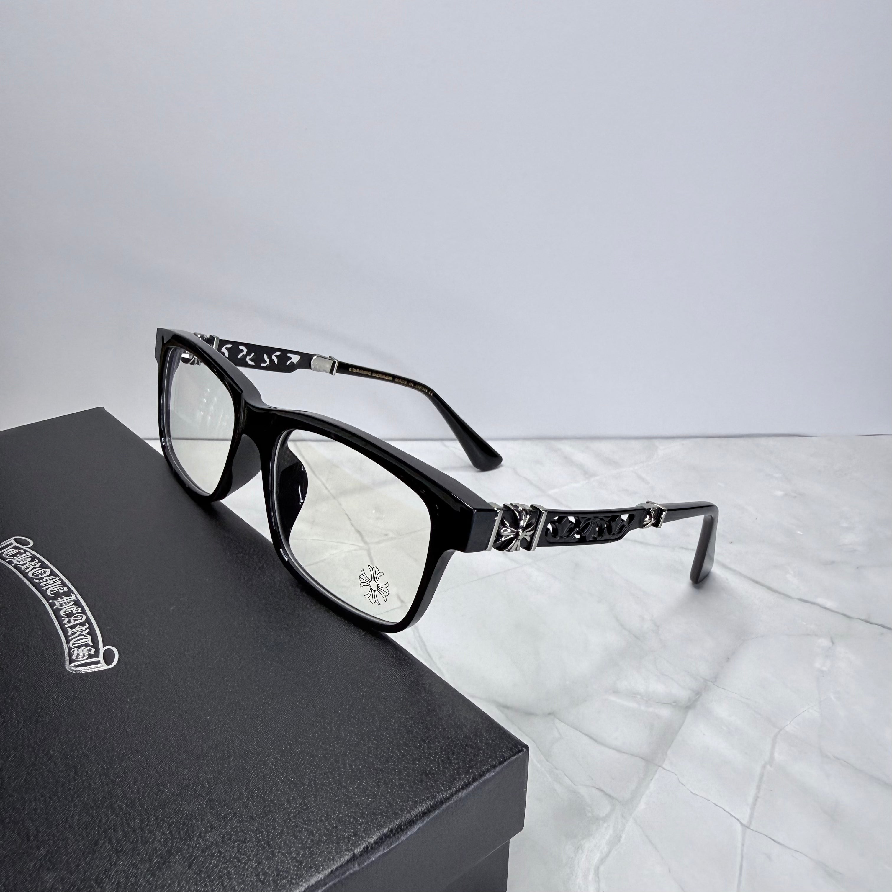 #E8: Chrome Hearts Cross Anti-Blue Lens Glasses (Black & Black)