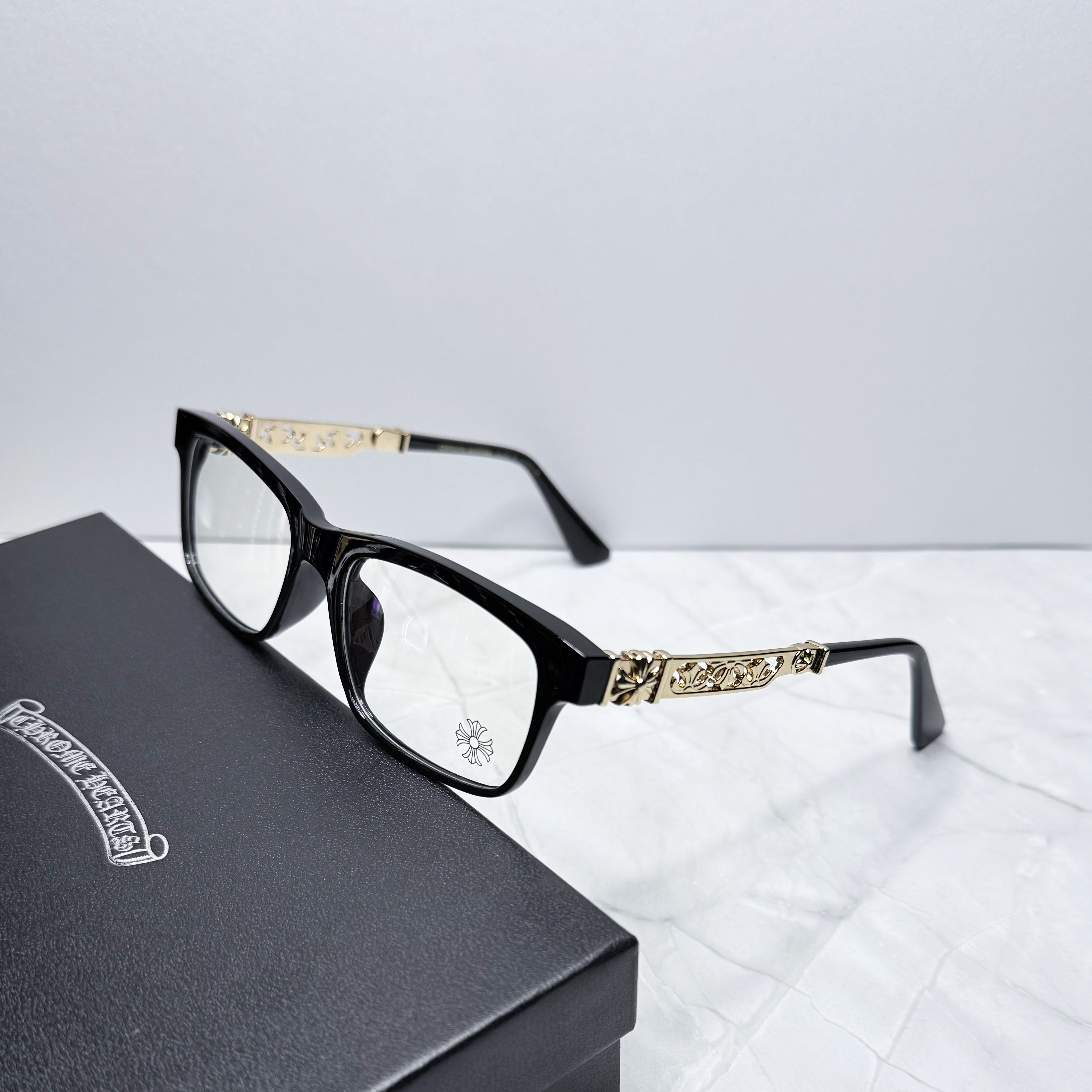 #E9: Chrome Hearts Cross Anti-Blue Lens Glasses (Black & Gold)