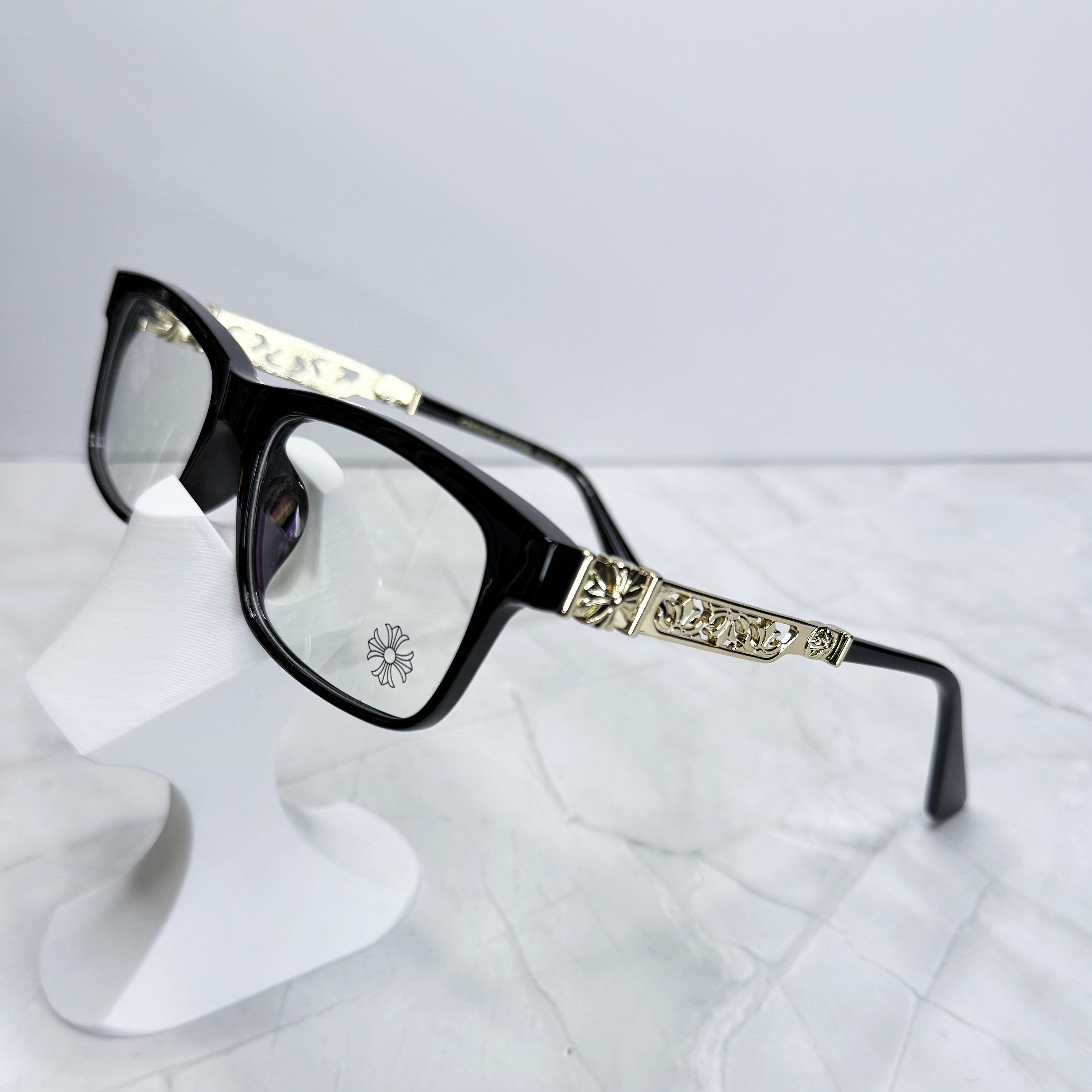 #E9: Chrome Hearts Cross Anti-Blue Lens Glasses (Black & Gold)