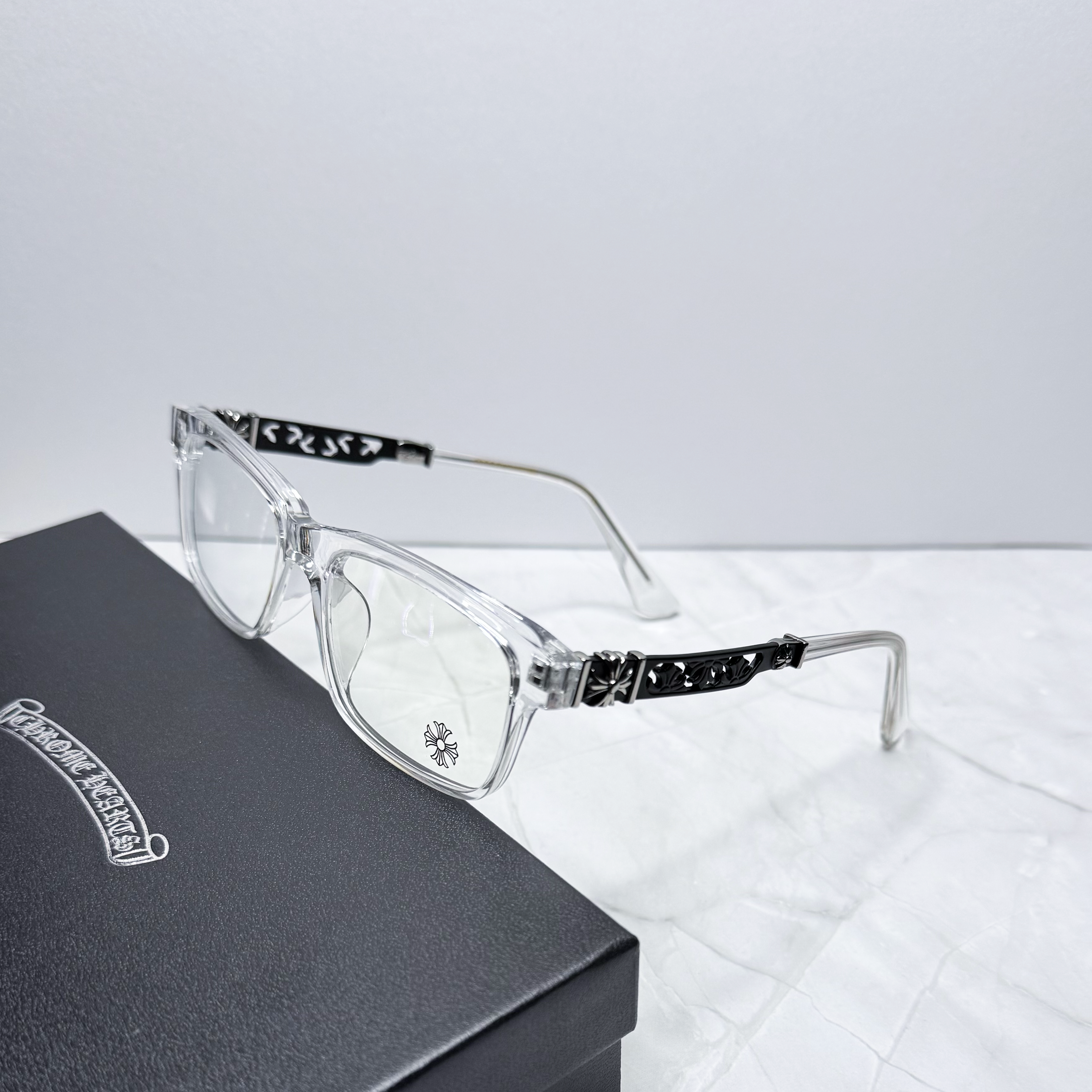 #E11: Chrome Hearts Cross Anti-Blue Lens Glasses (Clear & Black)