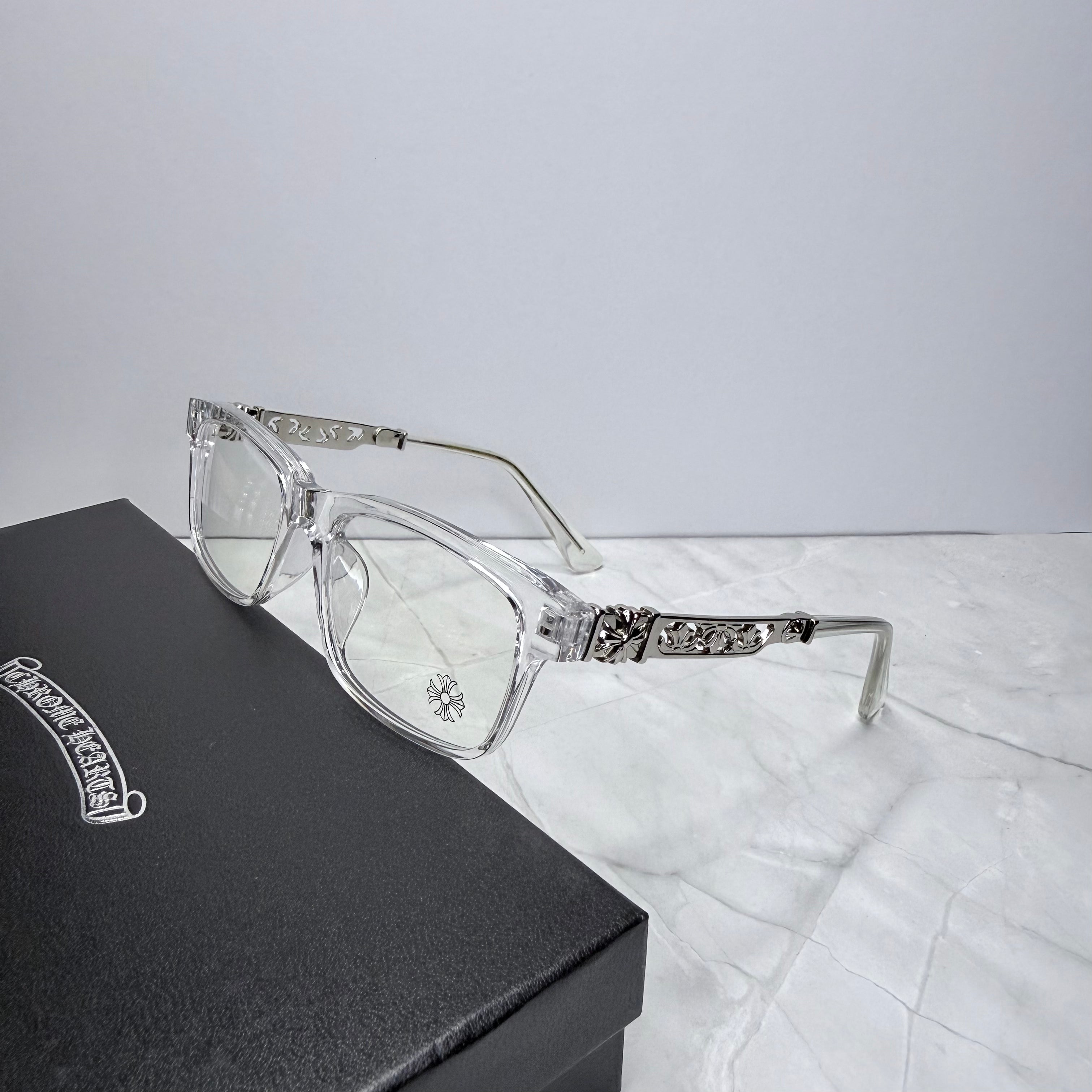 #E10: Chrome Hearts Cross Anti-Blue Lens Glasses (Clear & Silver)