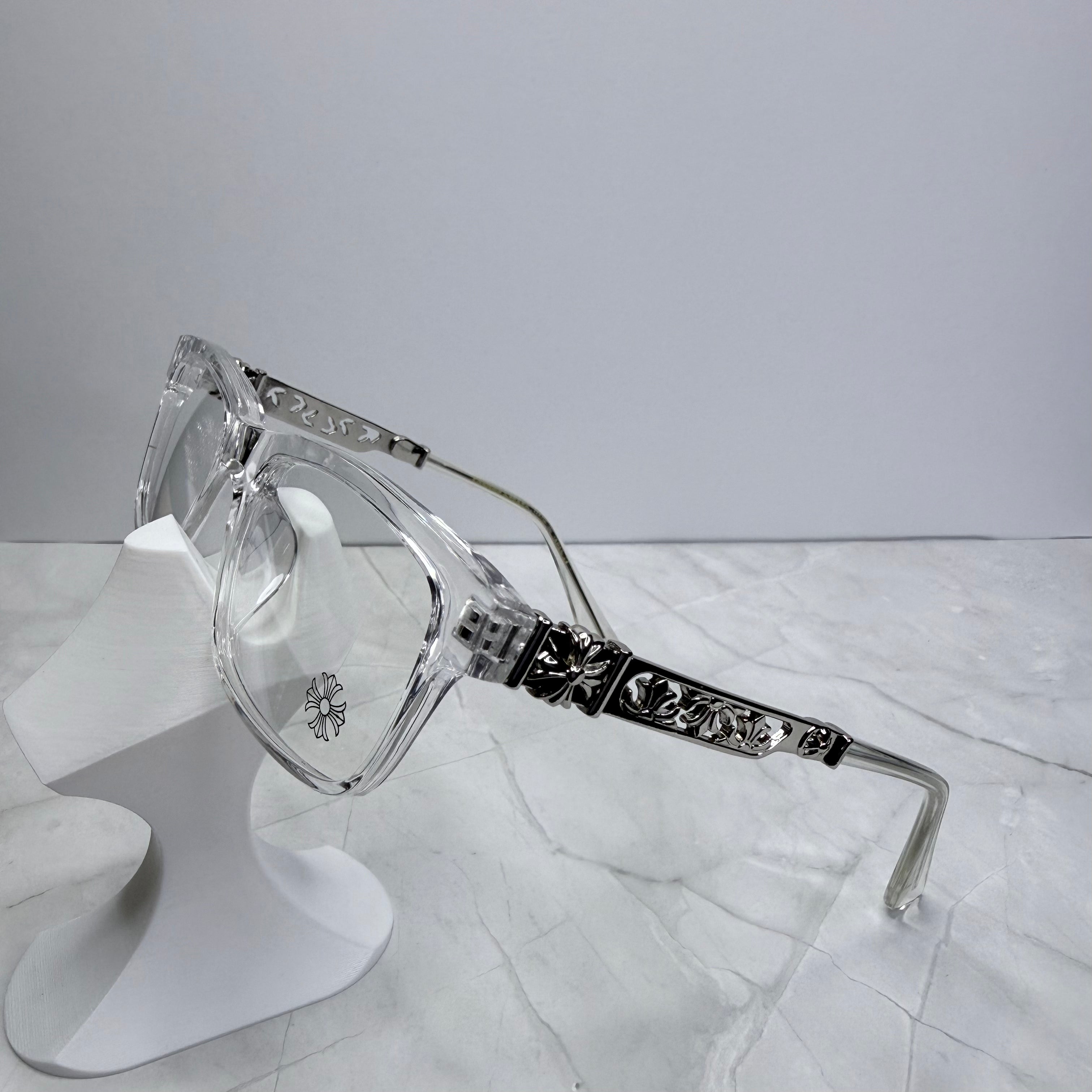 #E10: Chrome Hearts Cross Anti-Blue Lens Glasses (Clear & Silver)