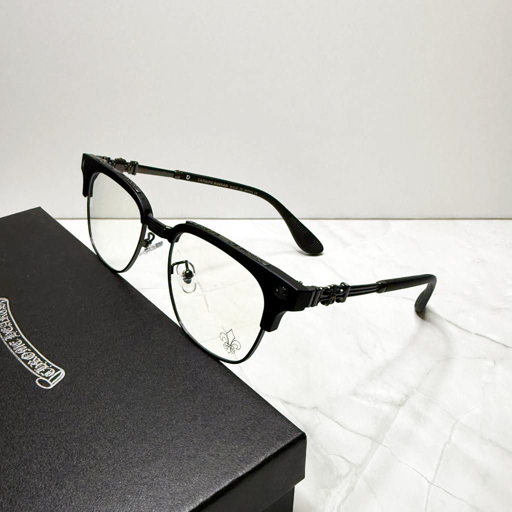 #E19: Chrome Hearts Fleur-De-Lis Anti-Blue Lens Glasses (Black & Black)