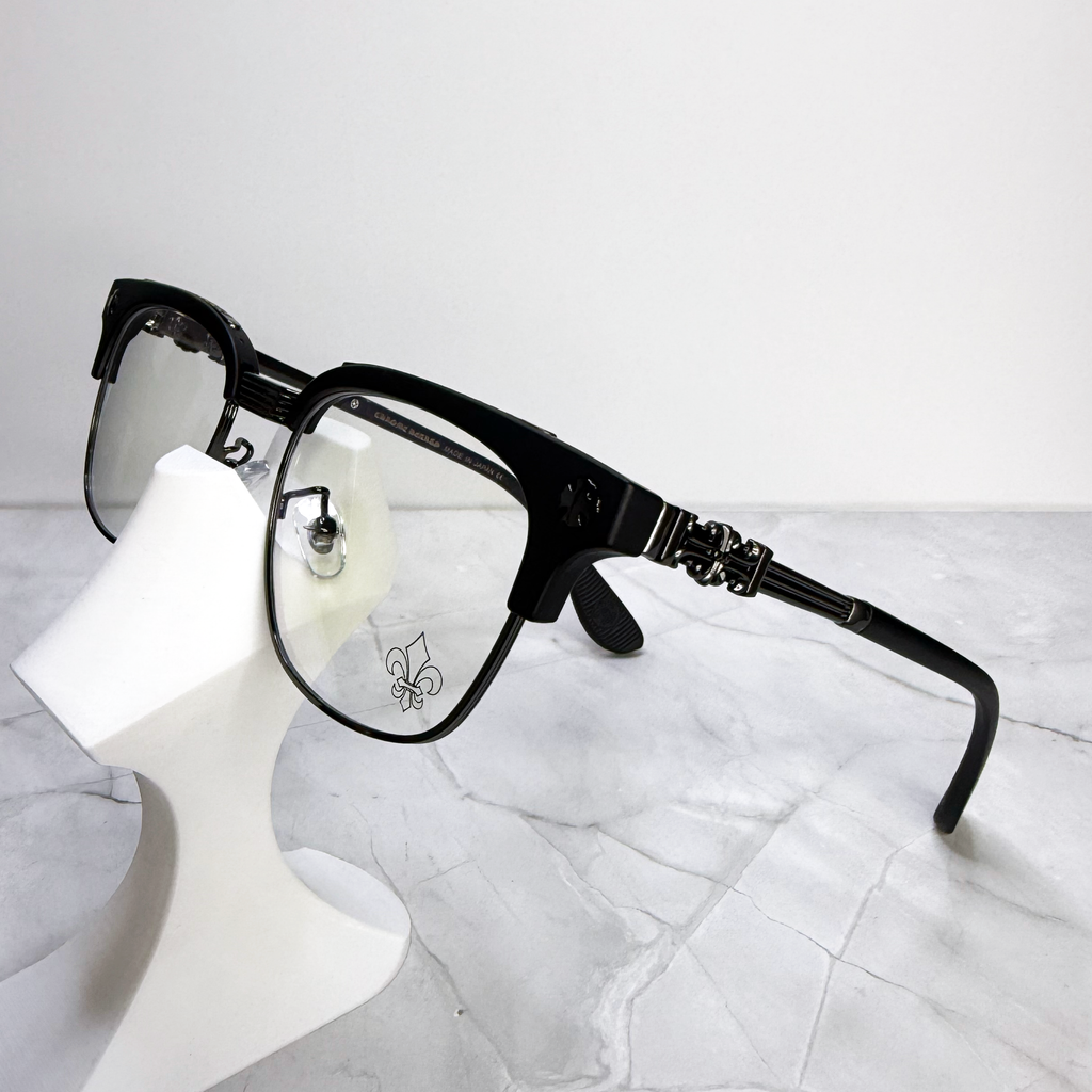 #E19: Chrome Hearts Fleur-De-Lis Anti-Blue Lens Glasses (Black & Black)