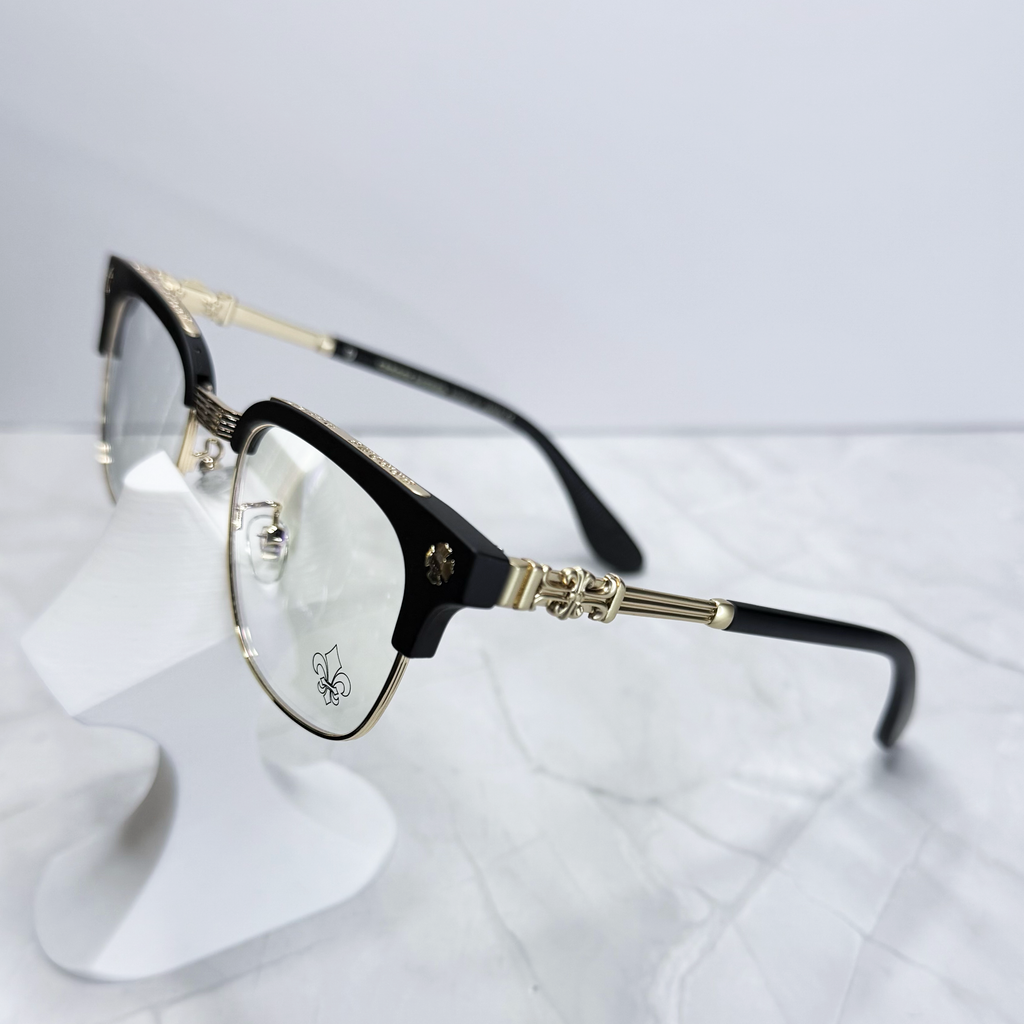 #E17: Chrome Hearts Fleur-De-Lis Anti-Blue Lens Glasses (Black & Gold)