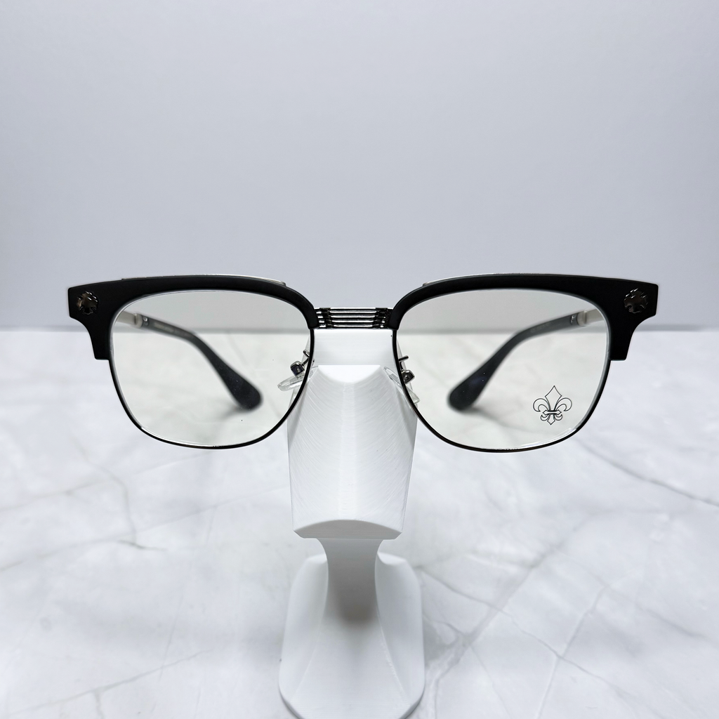 #E16: Chrome Hearts Fleur-De-Lis Anti-Blue Lens Glasses (Black & Silver)