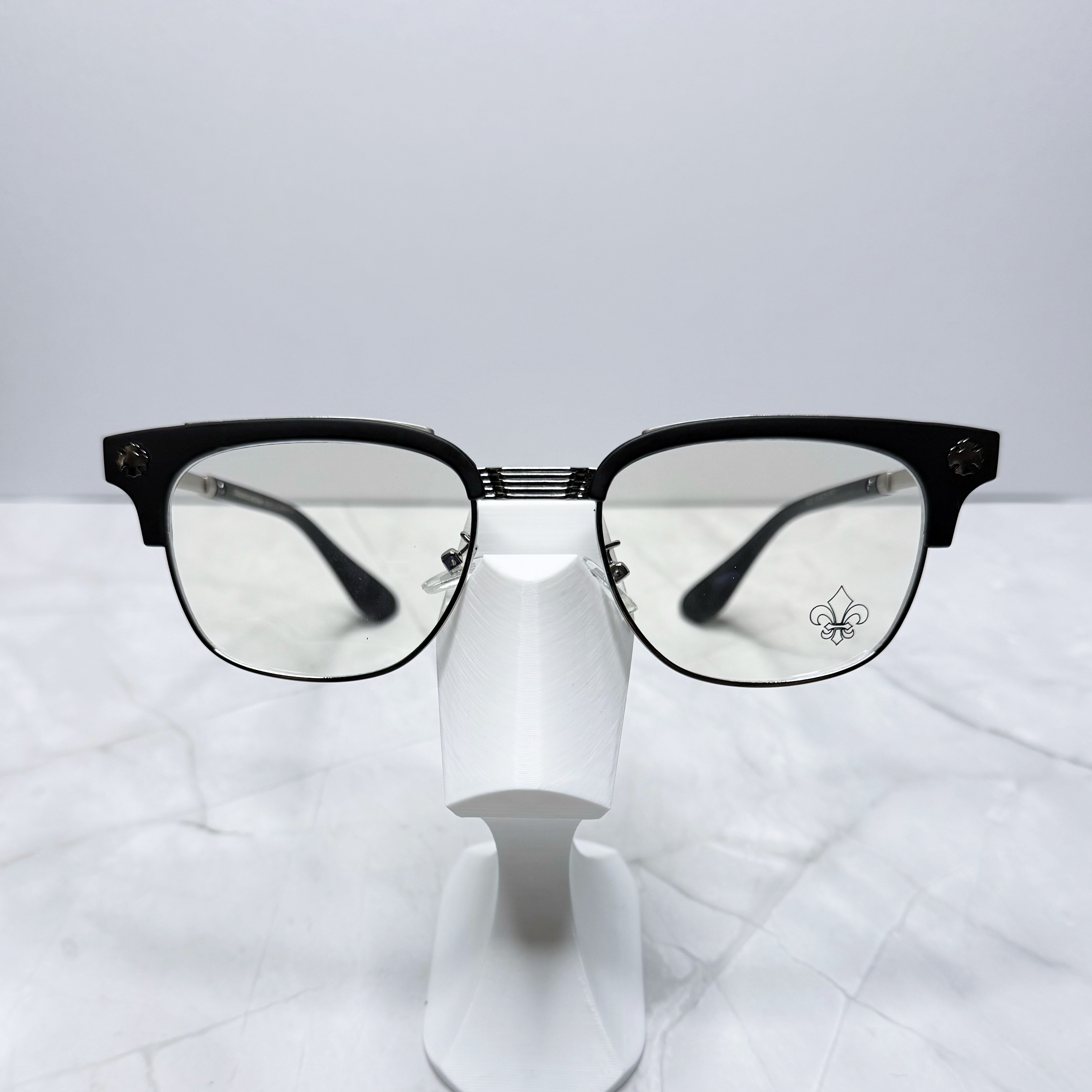 #E16: Chrome Hearts Fleur-De-Lis Anti-Blue Lens Glasses (Black & Silver)